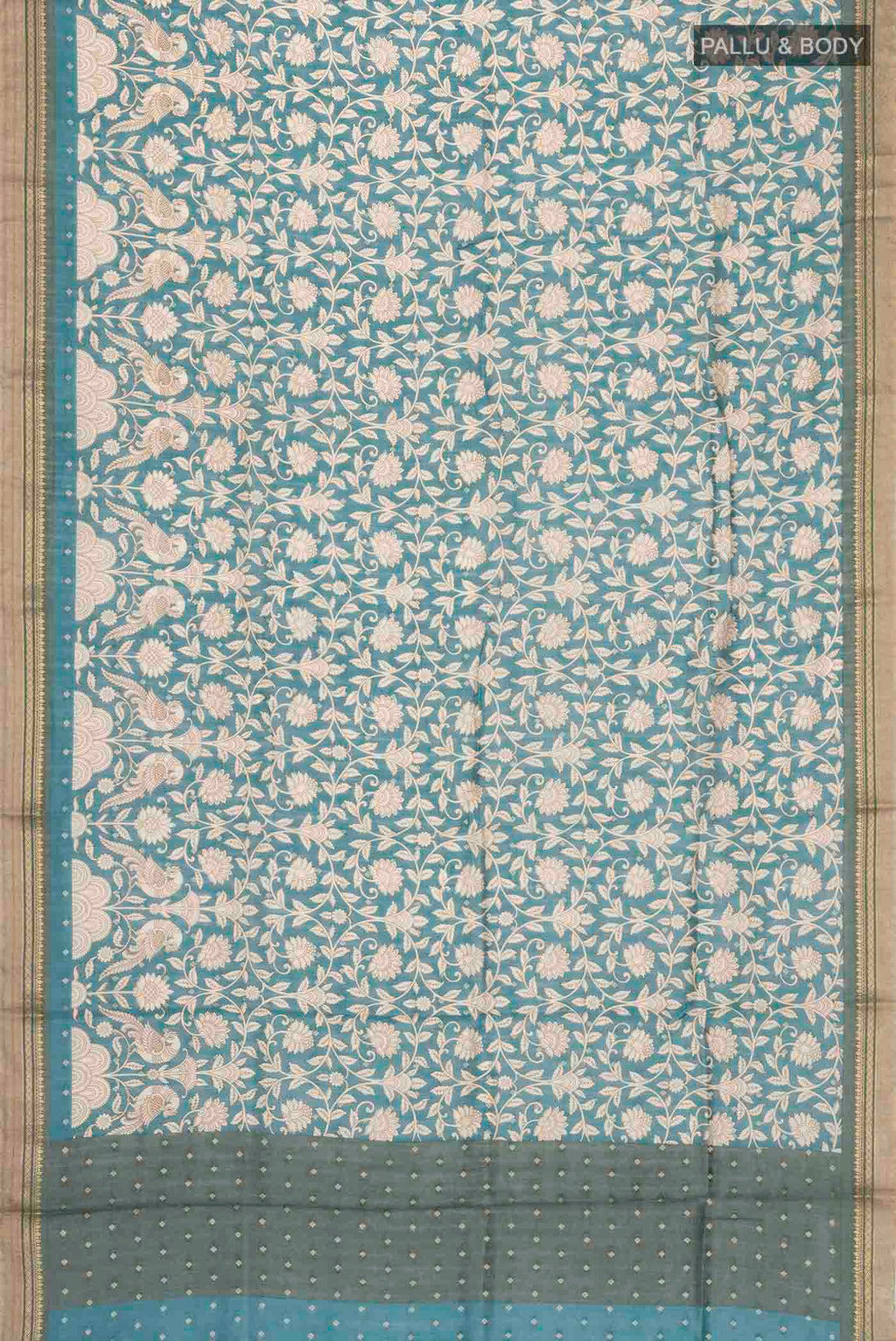 Flat view of Blue Bhagalpuri Tussar Silk Saree with Printed design on the body and Zari Border
