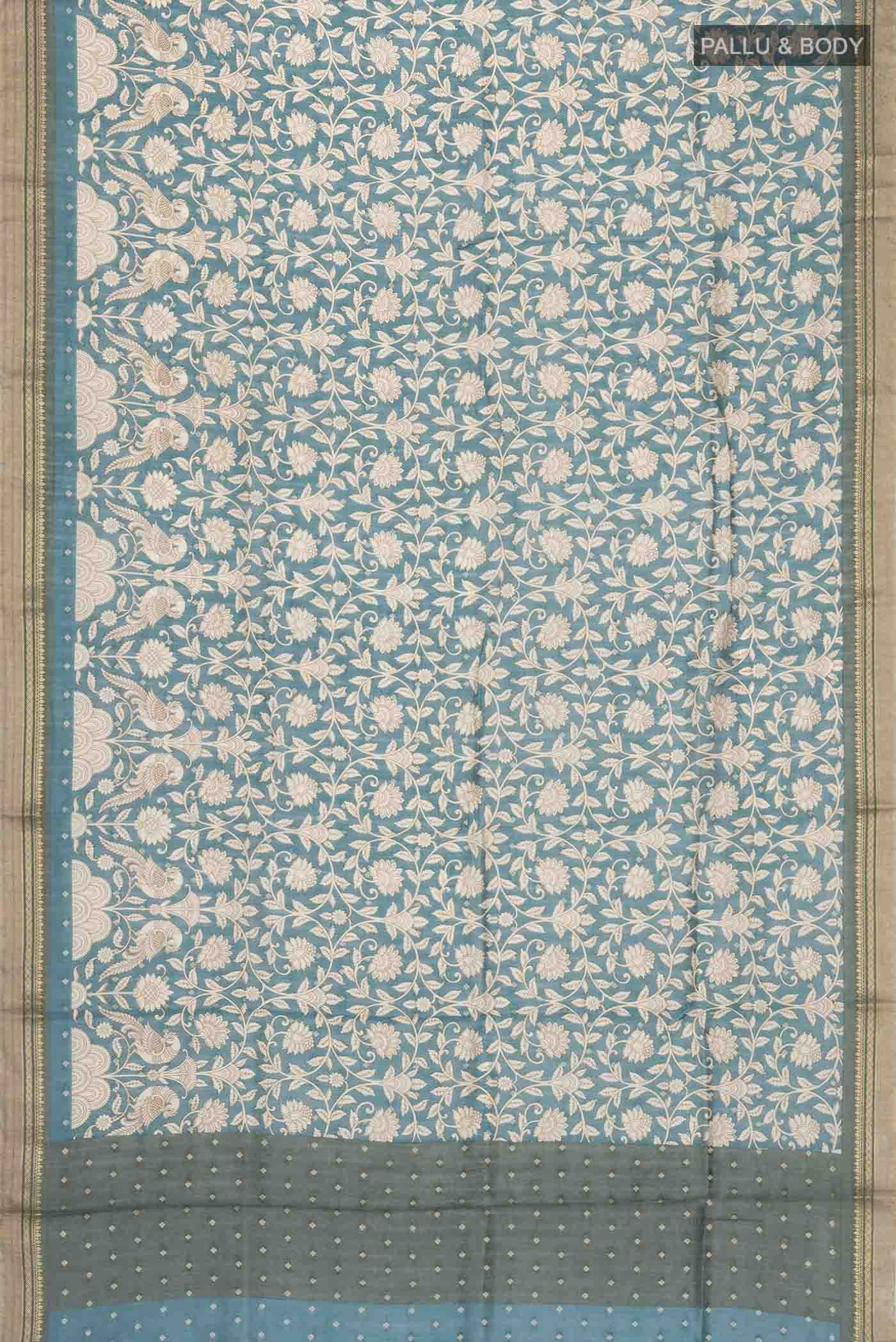 Flat view of Blue Bhagalpuri Tussar Silk Saree with Printed design on the body and Zari Border