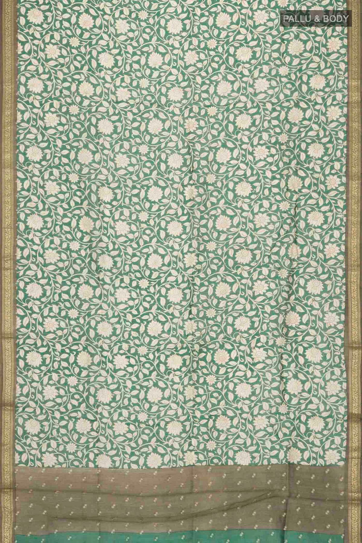 Flat view of Green Bhagalpuri Tussar Silk Saree with Printed design on the body and Zari Border