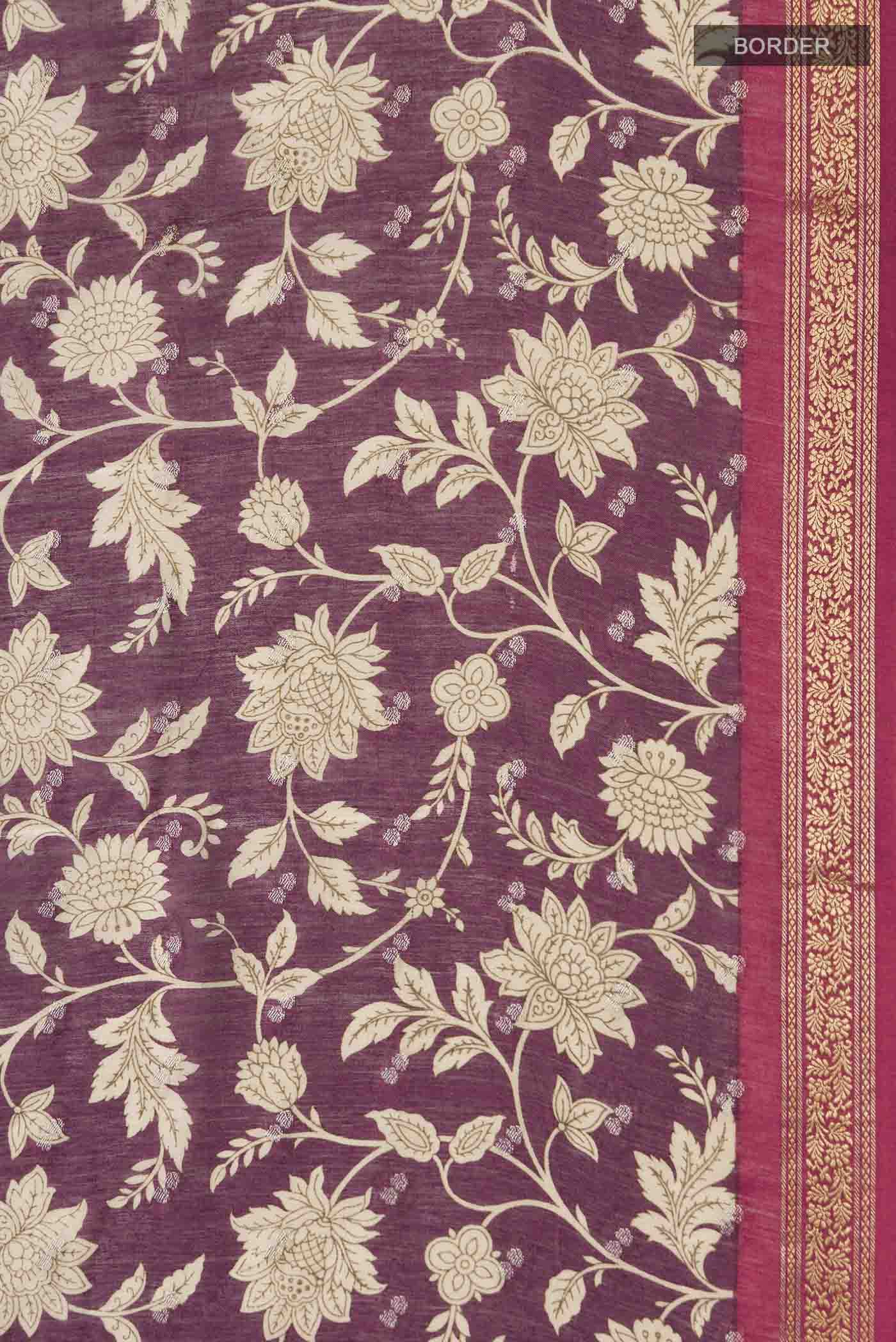 Border image of Purple Tussar Silk Saree with Printed design on the body and Zari Border