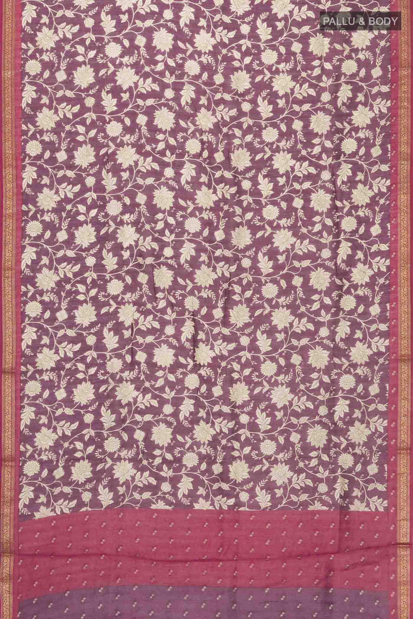 Flat view of Purple Tussar Silk Saree with Printed design on the body and Zari Border