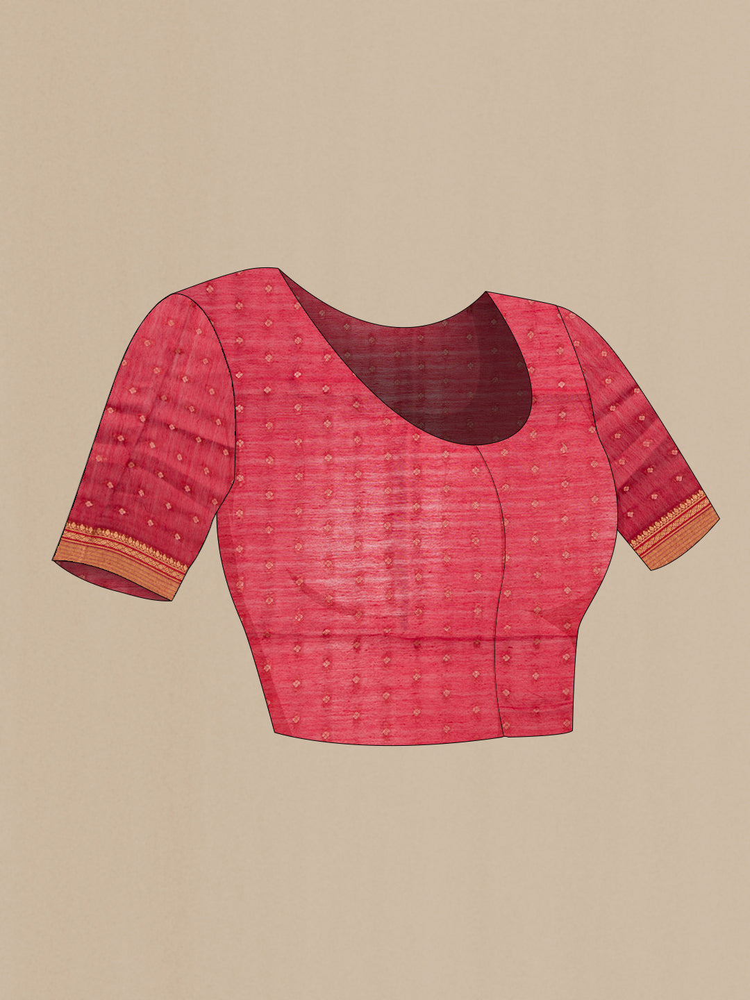 Close up image of the blouse of Burgundy Dual Tone Tussar Silk Saree with Printed design on the body and Zari Border. 