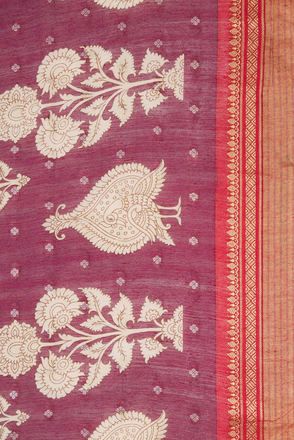 Border image of Burgundy Dual Tone Tussar Silk Saree with Printed design on the body and Zari Border. 