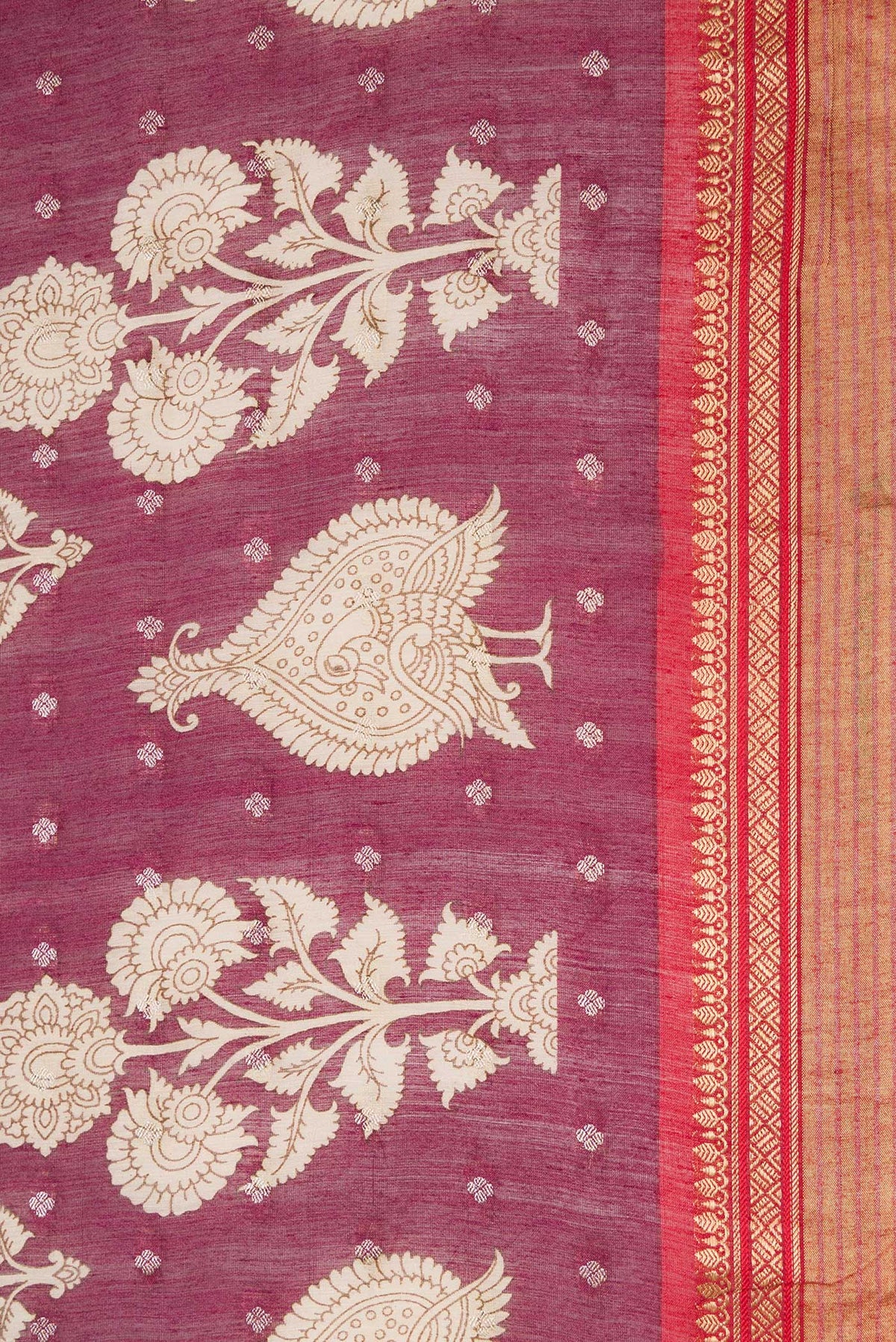 Border image of Burgundy Dual Tone Tussar Silk Saree with Printed design on the body and Zari Border. 