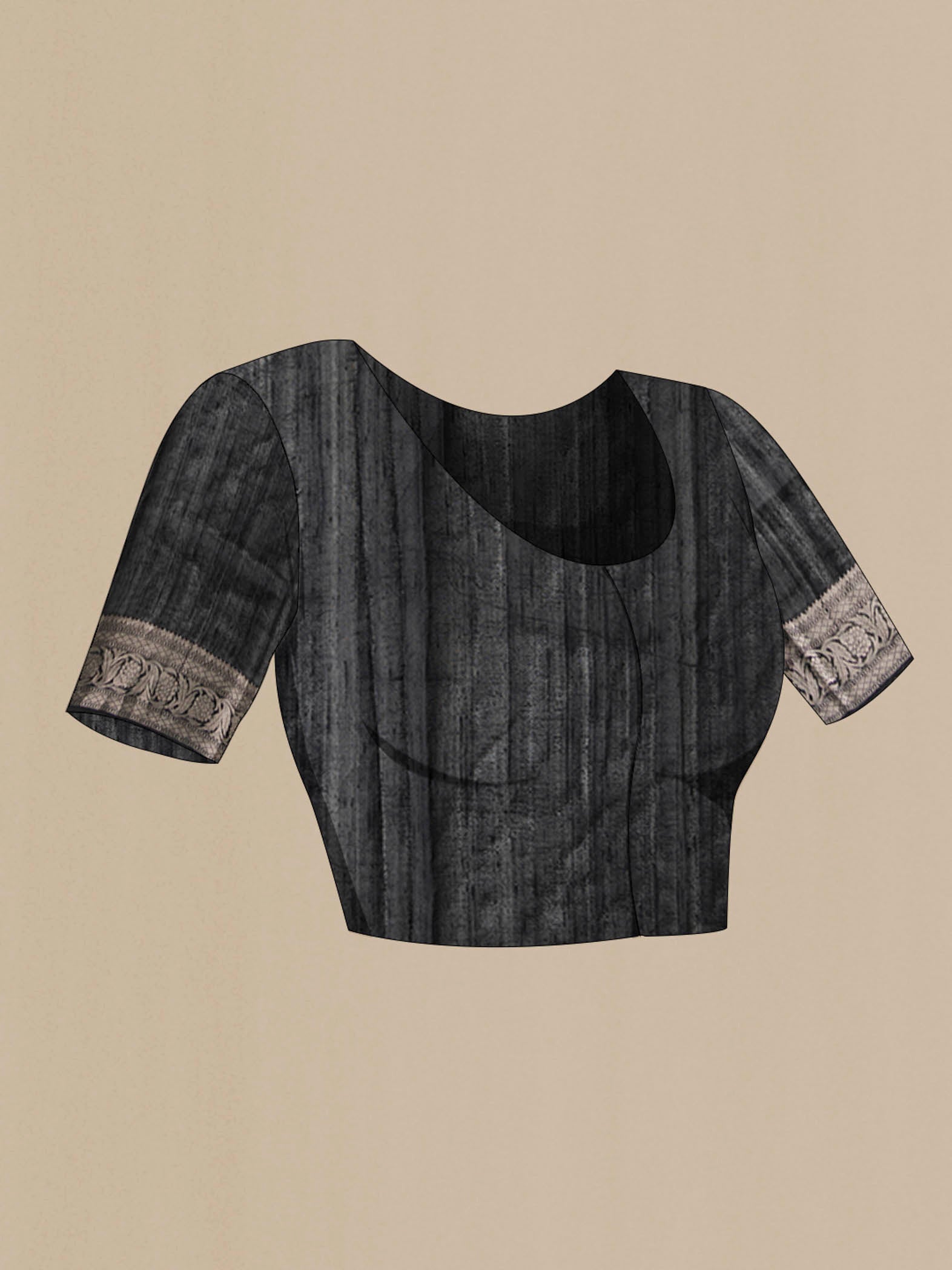 Close up image of the blouse of Black Tussar Silk Saree with Zari Butta on the body and Zari Border