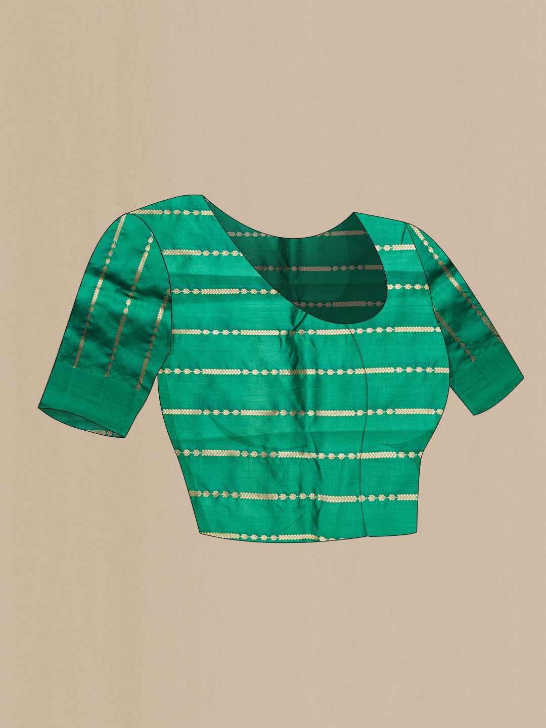 Close up image of the blouse of Green and Sandal Color Tussar Silk Saree with Zari Butta on the body and Plain Border