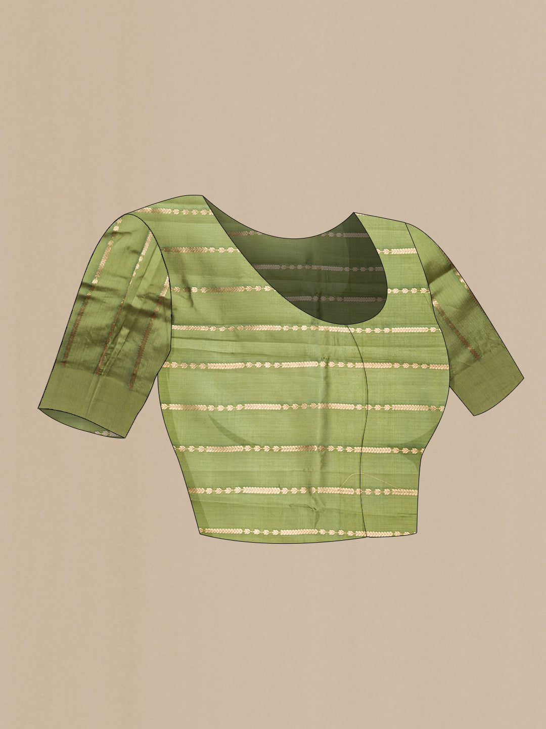 Close up image of the blouse of Sandal, Grey and Green Color Tussar Silk Saree with Zari Butta on the body and Plain Border. 