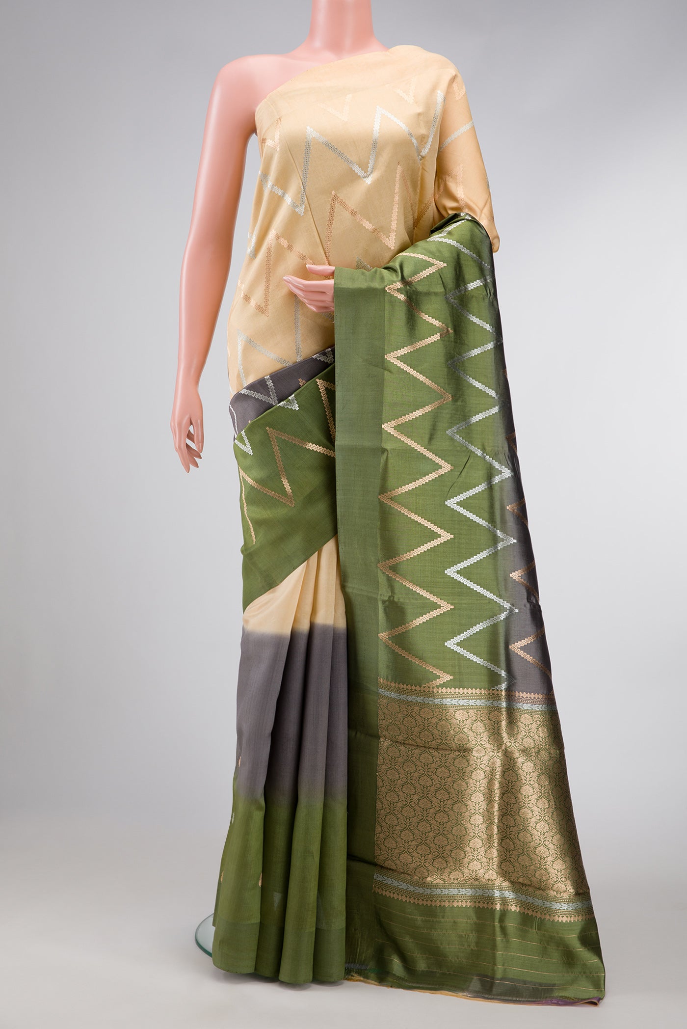 Sandal, Grey and Green Color Tussar Silk Saree with Zari Butta on the body and Plain Border.  displayed on a mannequin