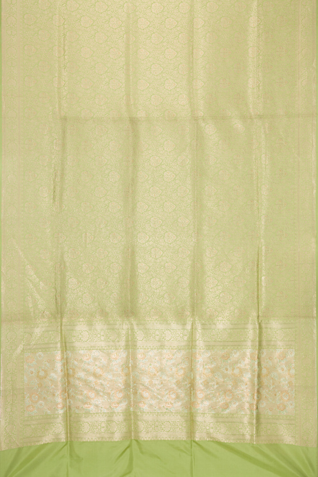 Flat view of Pista Green Dual Tone Banarasi Silk Saree with Zari Brocade on the body and Zari Border. 