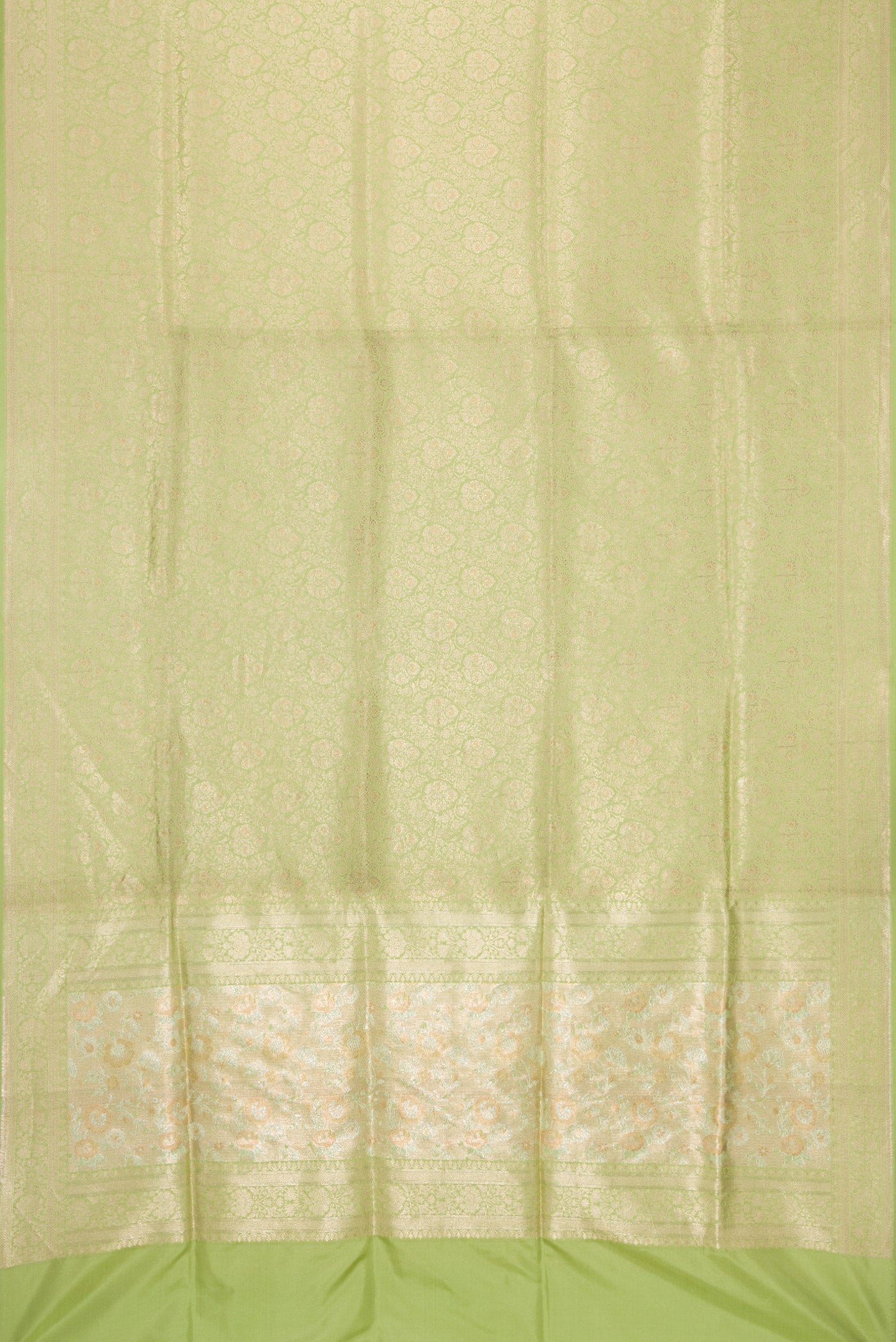 Flat view of Pista Green Dual Tone Banarasi Silk Saree with Zari Brocade on the body and Zari Border. 