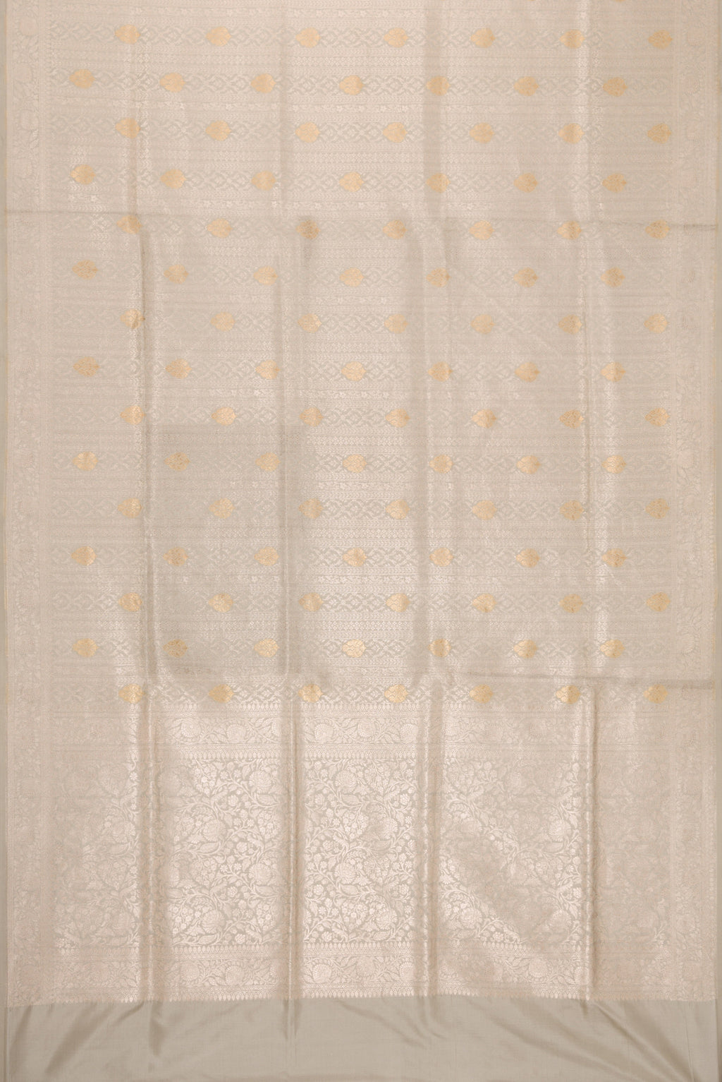 Flat view of Grey Dual Tone Banarasi Silk Saree with Zari Brocade on the body and Zari Border. 