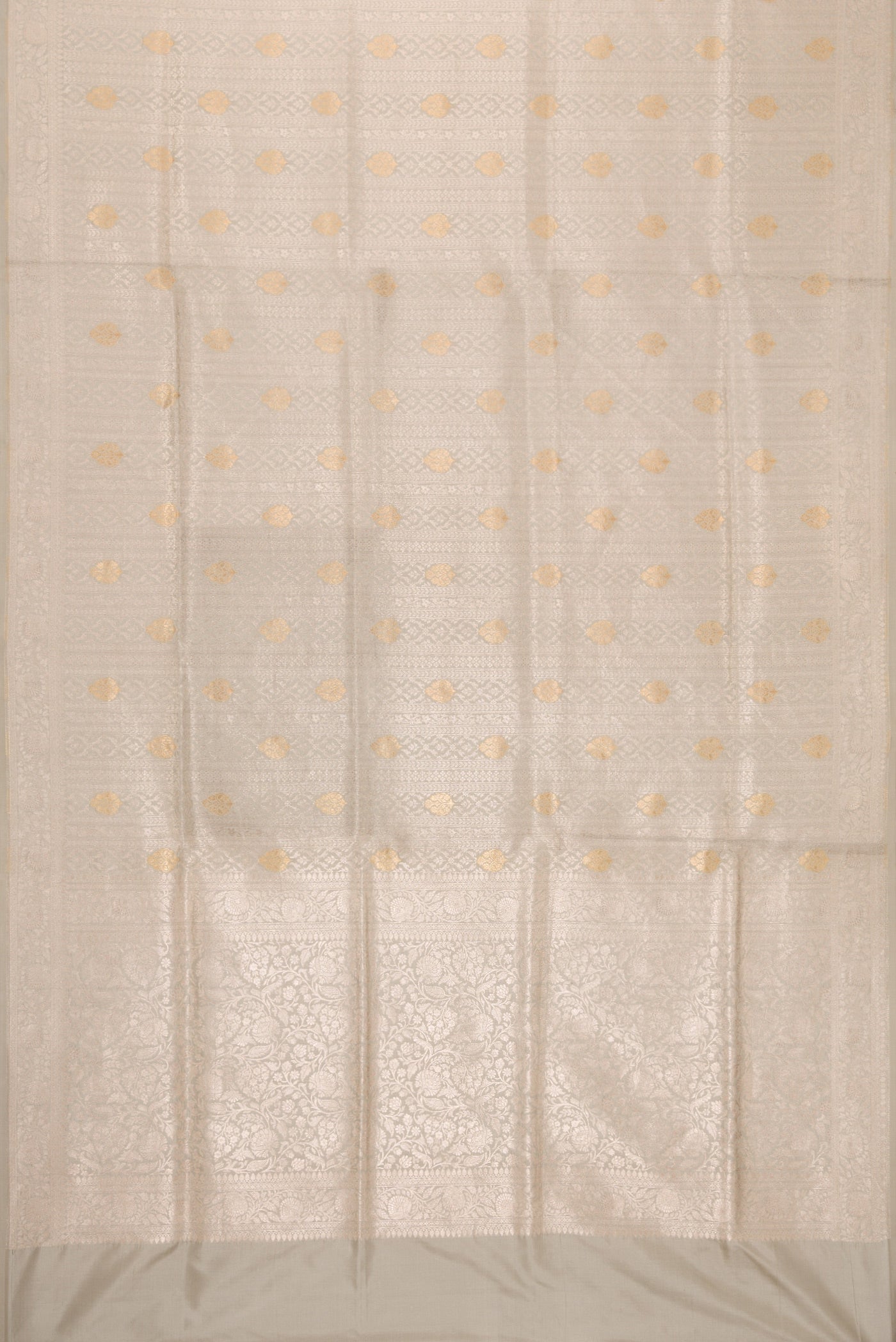 Flat view of Grey Dual Tone Banarasi Silk Saree with Zari Brocade on the body and Zari Border. 