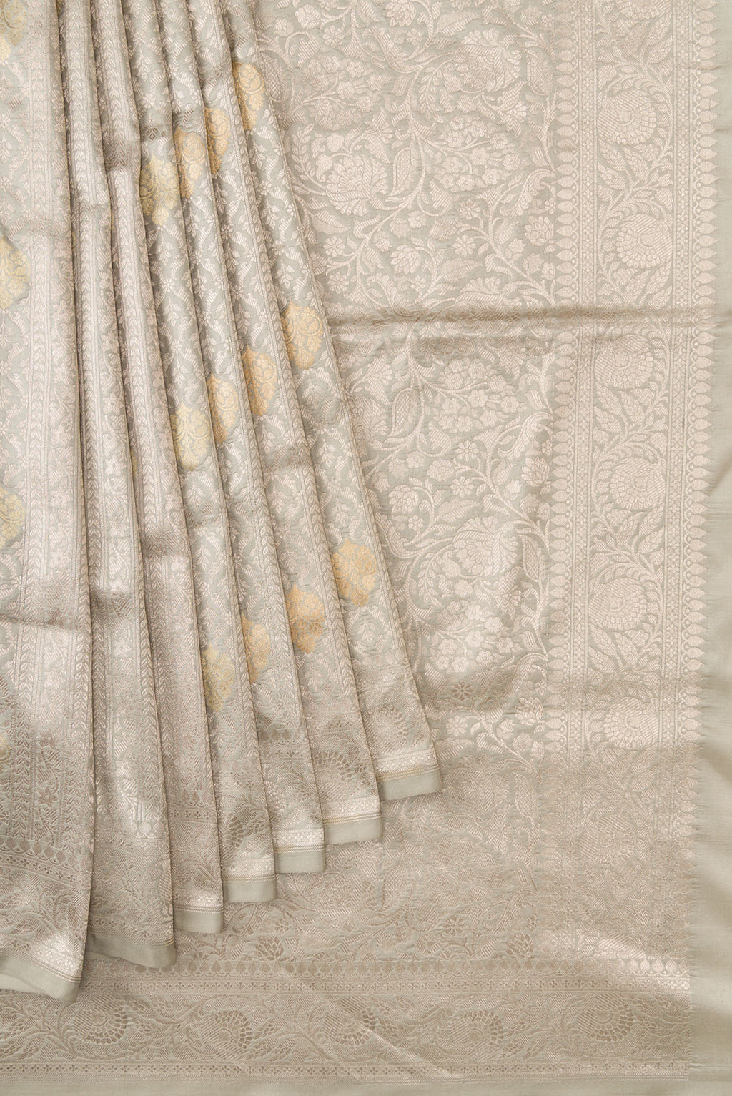 Pleats and pallu of Grey Dual Tone Banarasi Silk Saree with Zari Brocade on the body and Zari Border. 