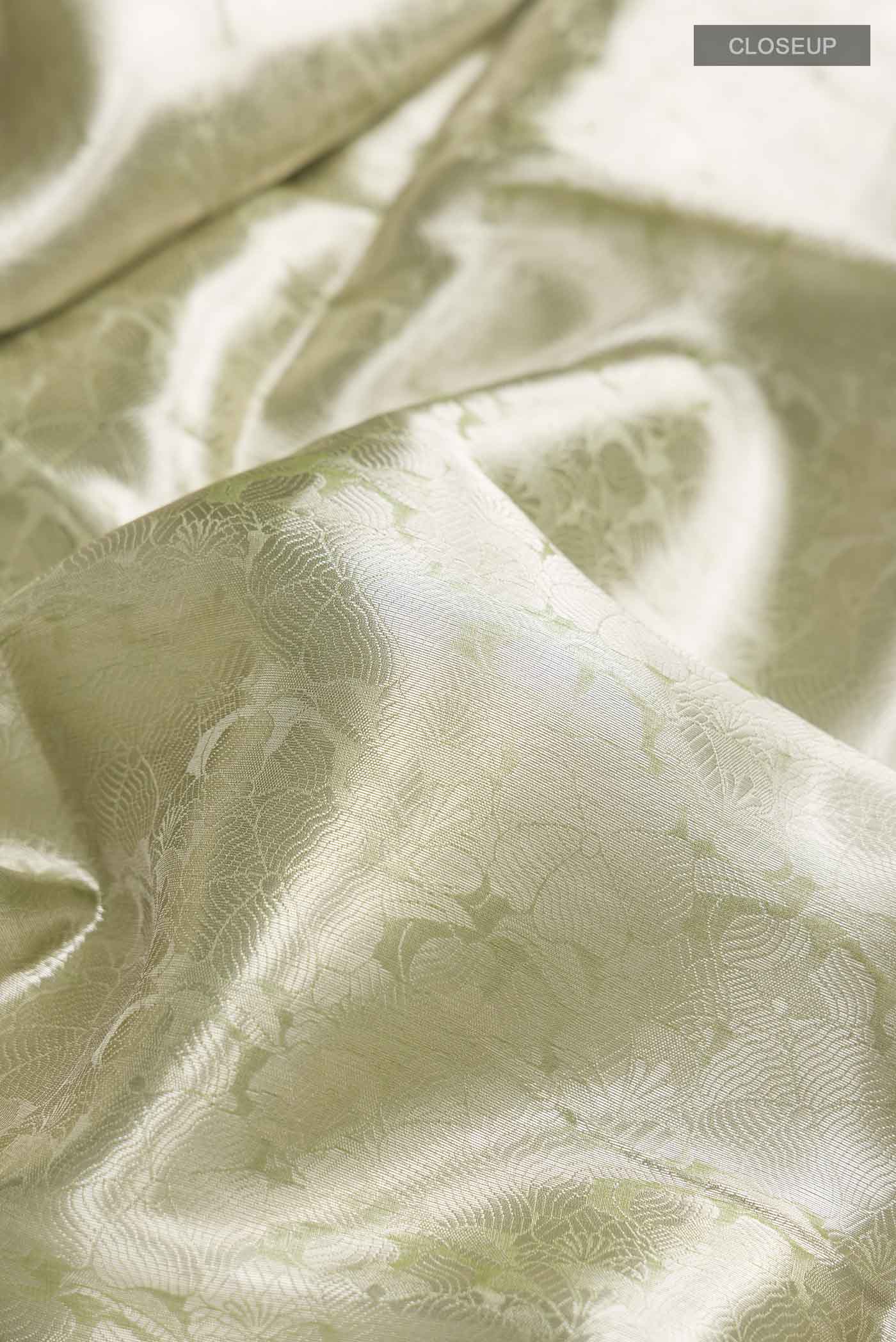 Close up of Green Tissue Silk Saree with Zari Brocade on the body and Zari Border displaying folds