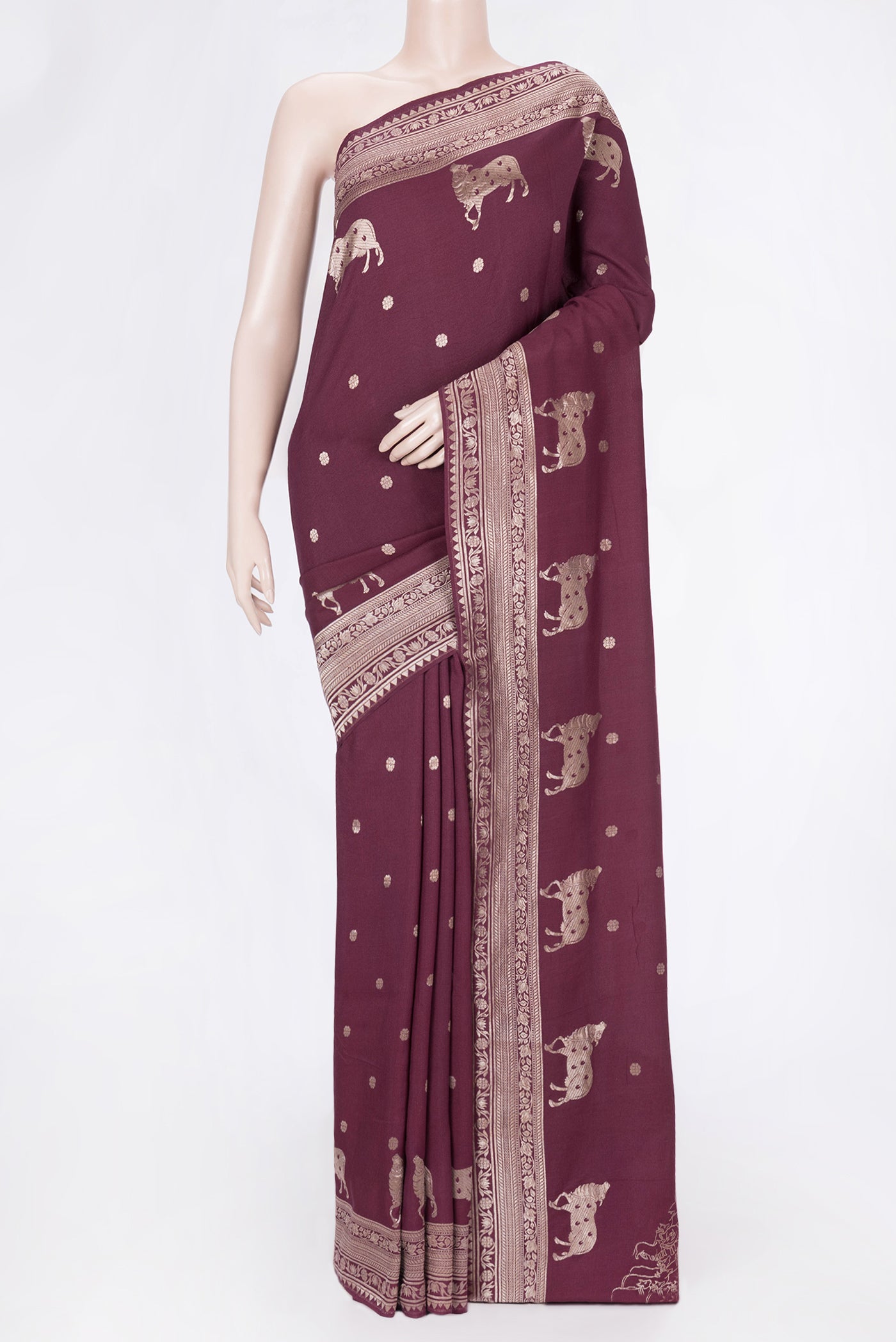Maroon Dual Tone Tussar Silk Saree with Zari Butta on the body and Zari Border.  displayed on a mannequin