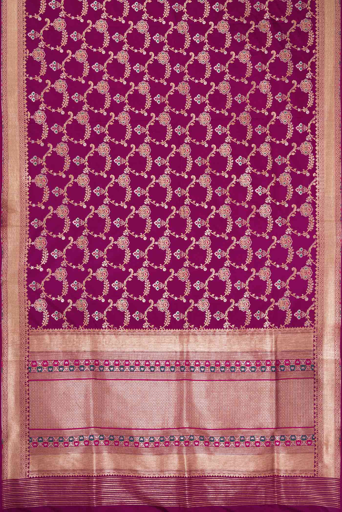 Flat view of Magenta Dual Tone Banarasi Silk Saree with Zari And Thread Butta on the body and Zari Border