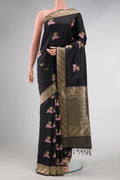 Black Dual Tone Banarasi Silk Saree with Zari And Thread Butta on the body and Zari Border displayed on a mannequin