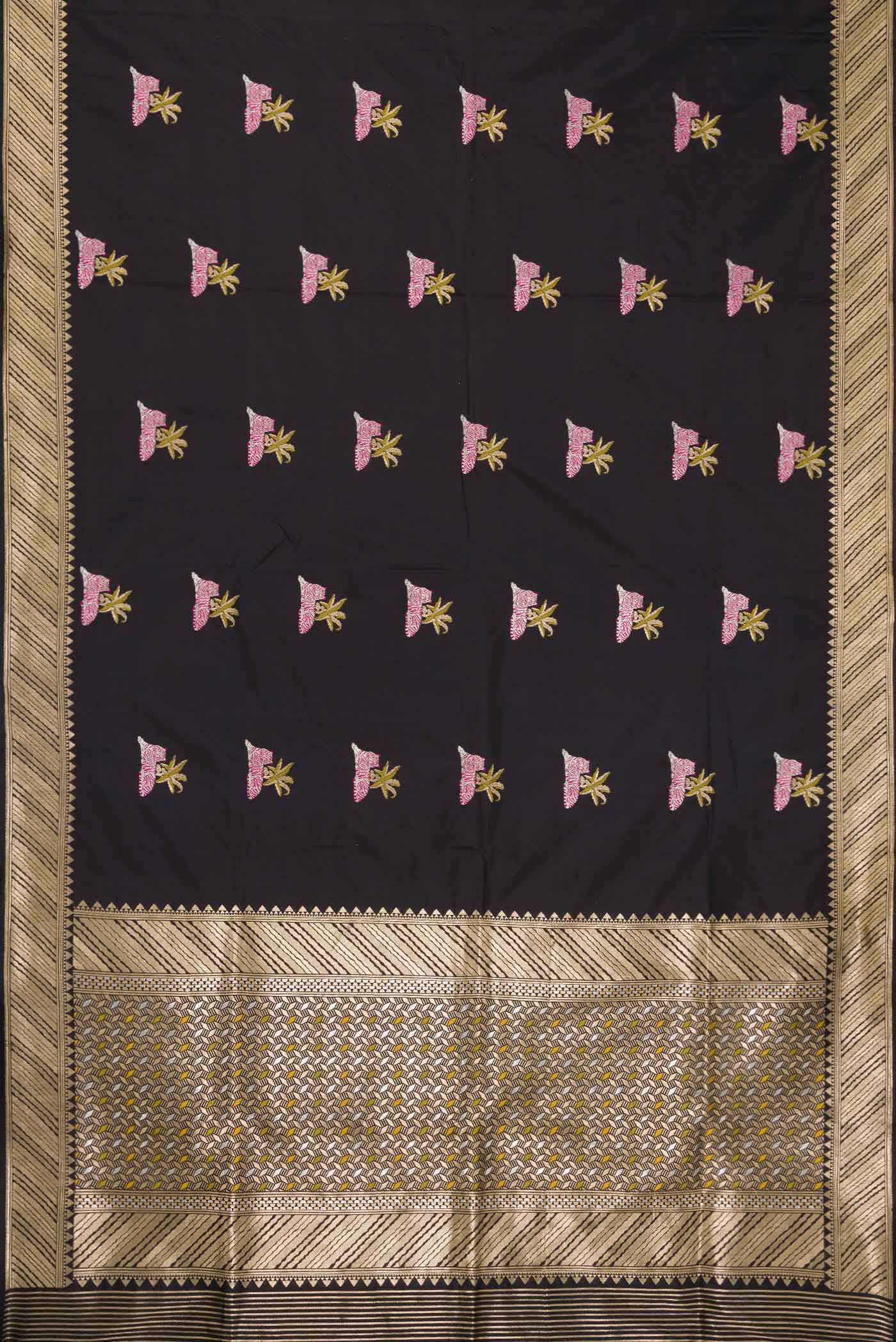 Flat view of Black Dual Tone Banarasi Silk Saree with Zari And Thread Butta on the body and Zari Border