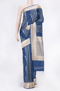 Navy Blue Dual Tone Banarasi Saree with Stripes on the body and Zari Border displayed on a mannequin