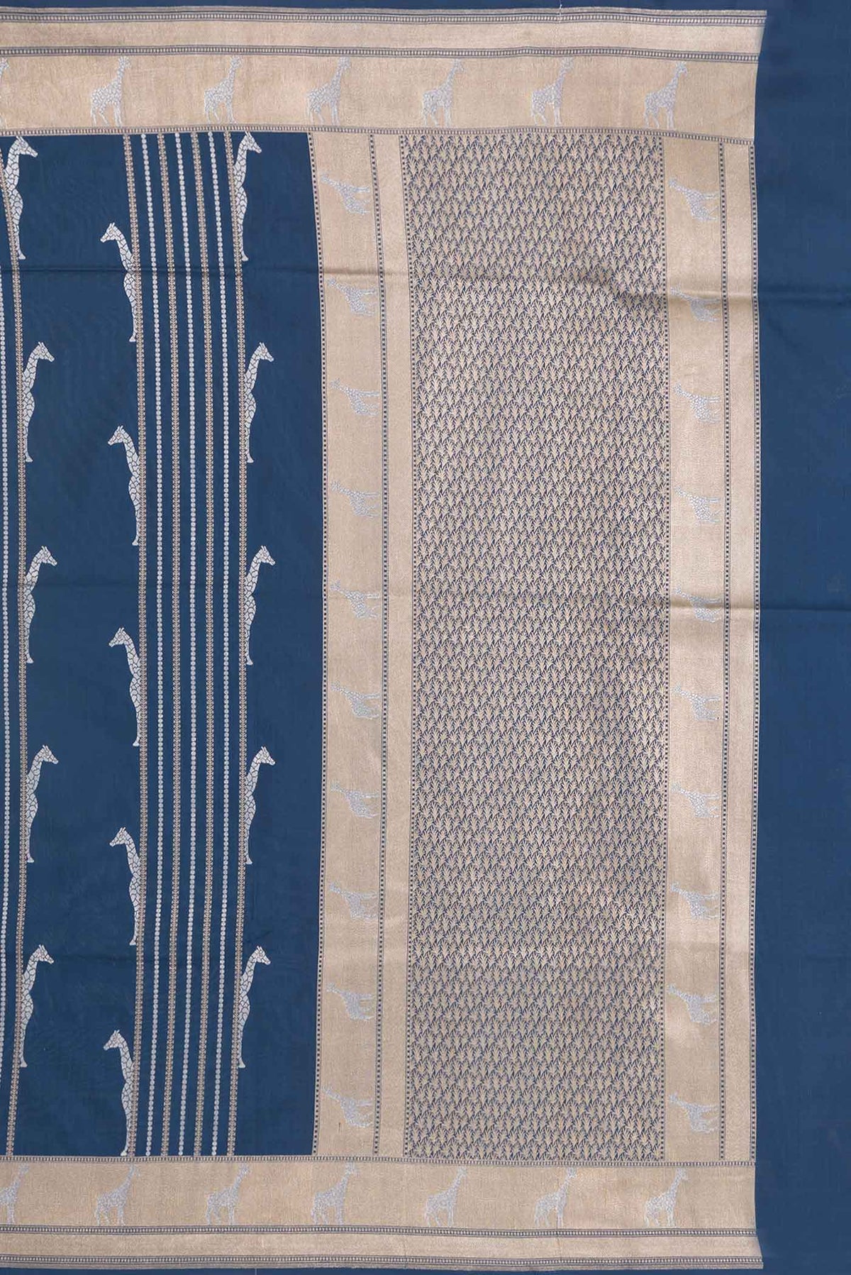 Close up image of the pallu of Navy Blue Dual Tone Banarasi Saree with Stripes on the body and Zari Border