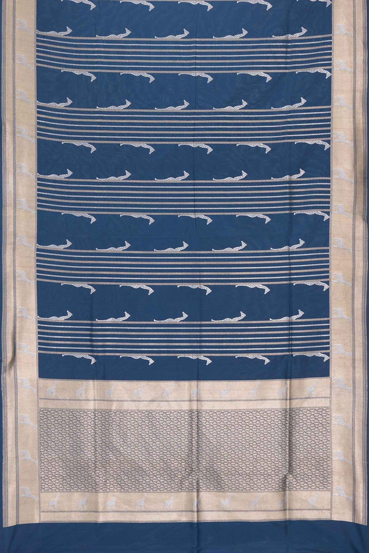 Flat view of Navy Blue Dual Tone Banarasi Saree with Stripes on the body and Zari Border