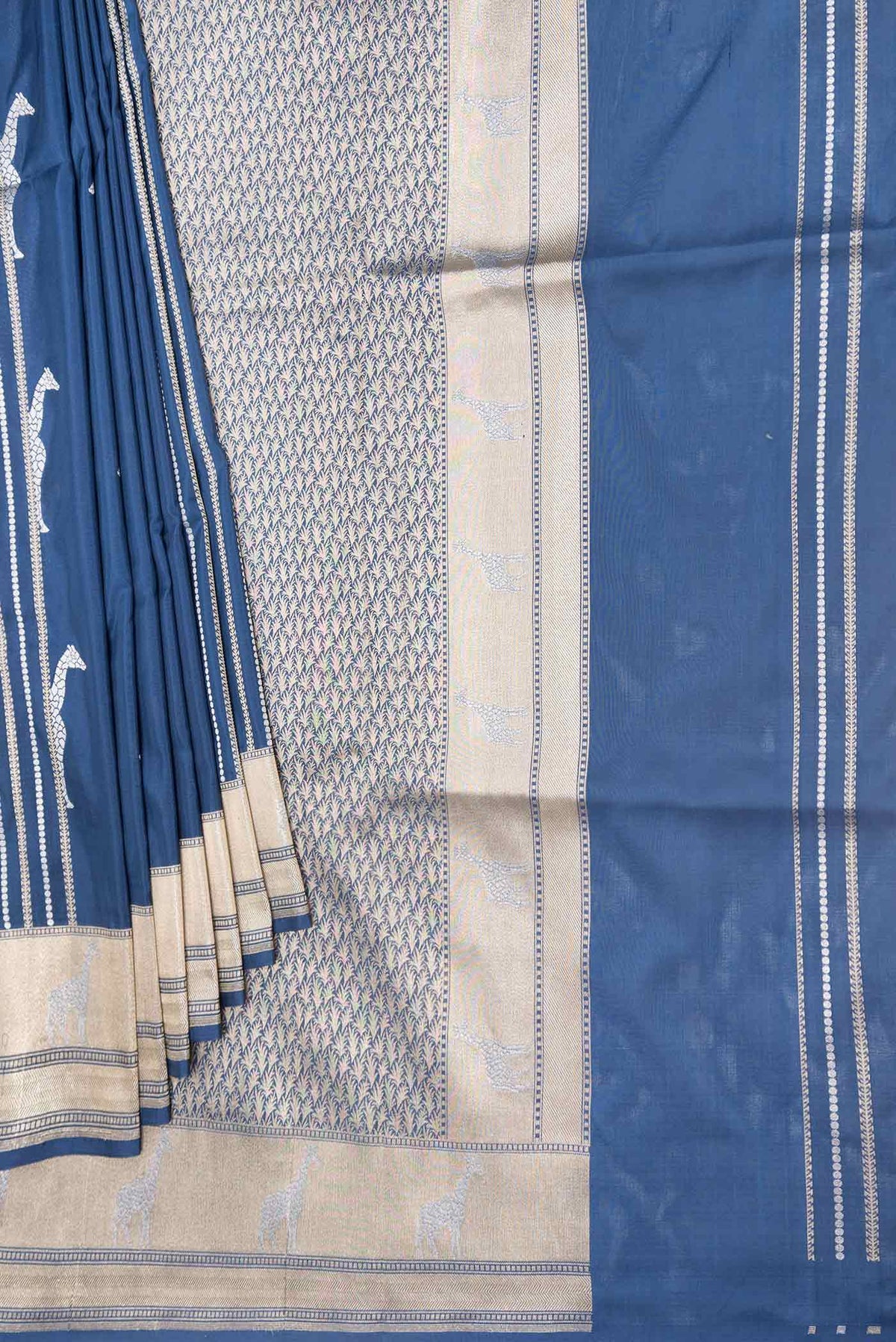 Pleats and pallu of Navy Blue Dual Tone Banarasi Saree with Stripes on the body and Zari Border