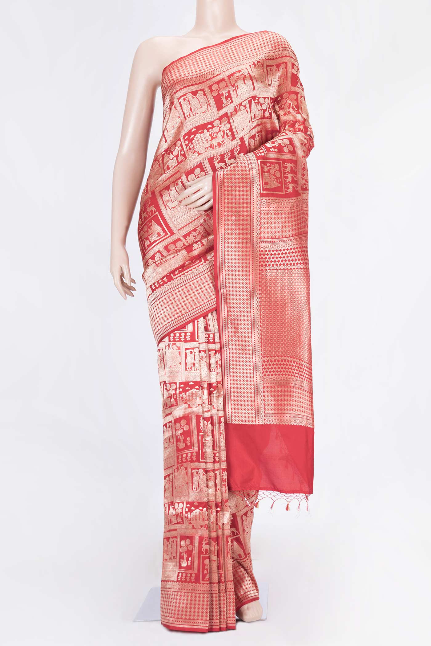 Red Dual Tone Banarasi Saree with Zari Brocade on the body and Zari Border displayed on a mannequin