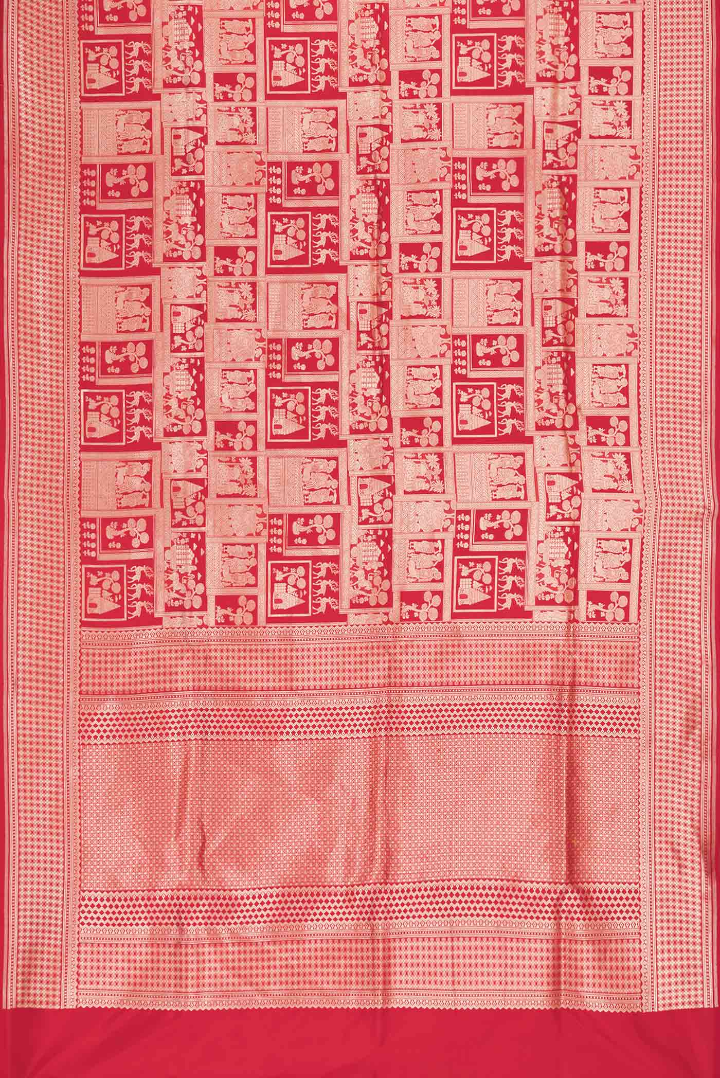 Flat view of Red Dual Tone Banarasi Saree with Zari Brocade on the body and Zari Border