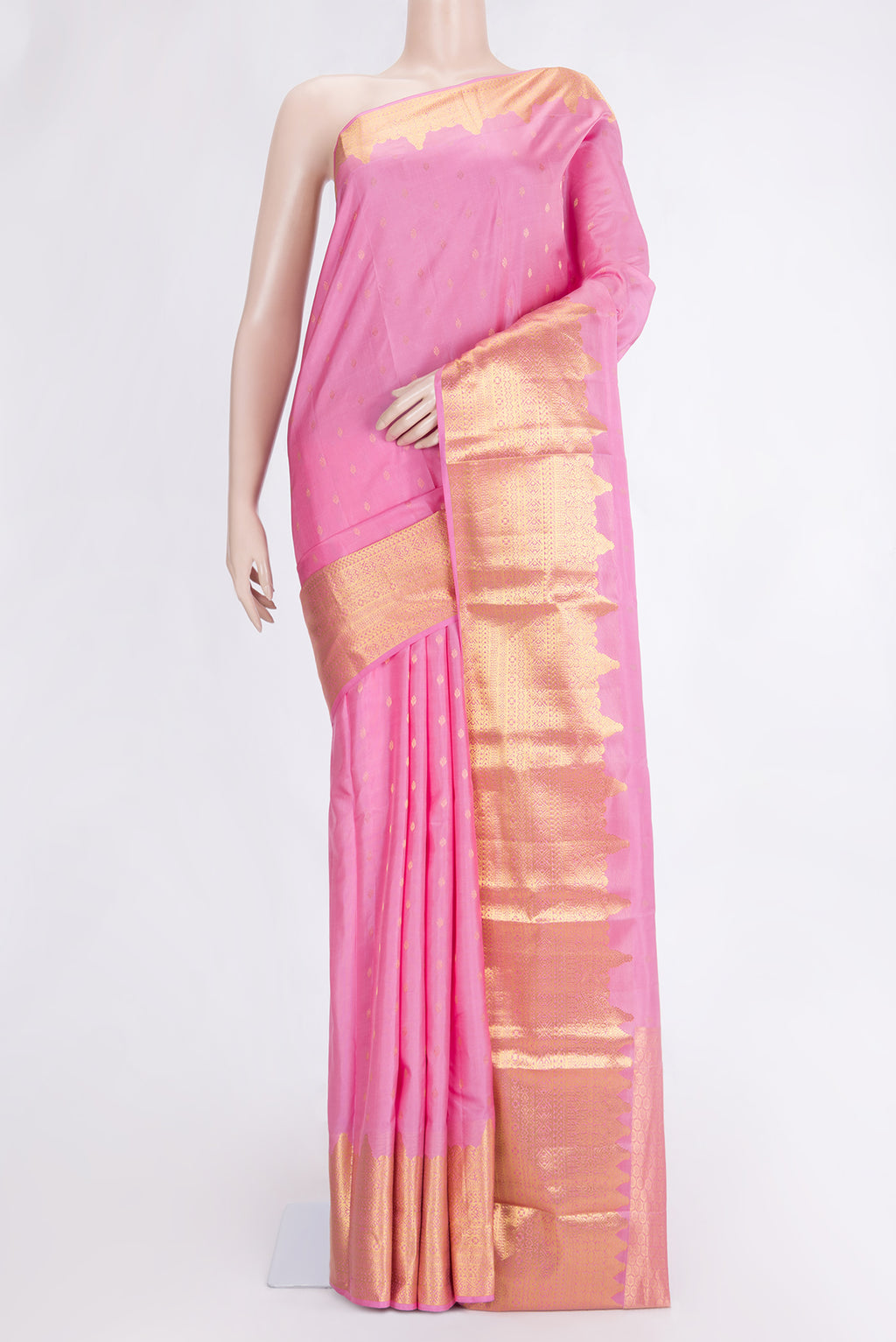 Pink Dual Tone Kanchipuram Silk Saree with Zari Butta on the body and Fancy Border.  displayed on a mannequin