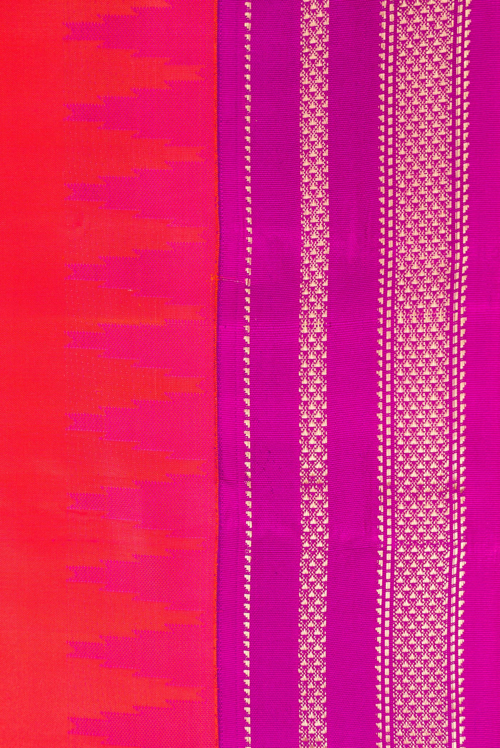 Border image of Coral Dual Tone Kanchipuram Silk Saree with Plain Body and Ganga Jamuna Border. 