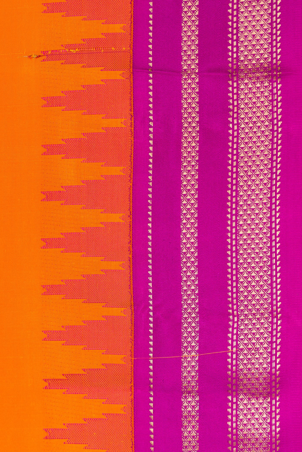 Border image of Orange Dual Tone Kanchipuram Silk Saree with Plain Body and Ganga Jamuna Border. 