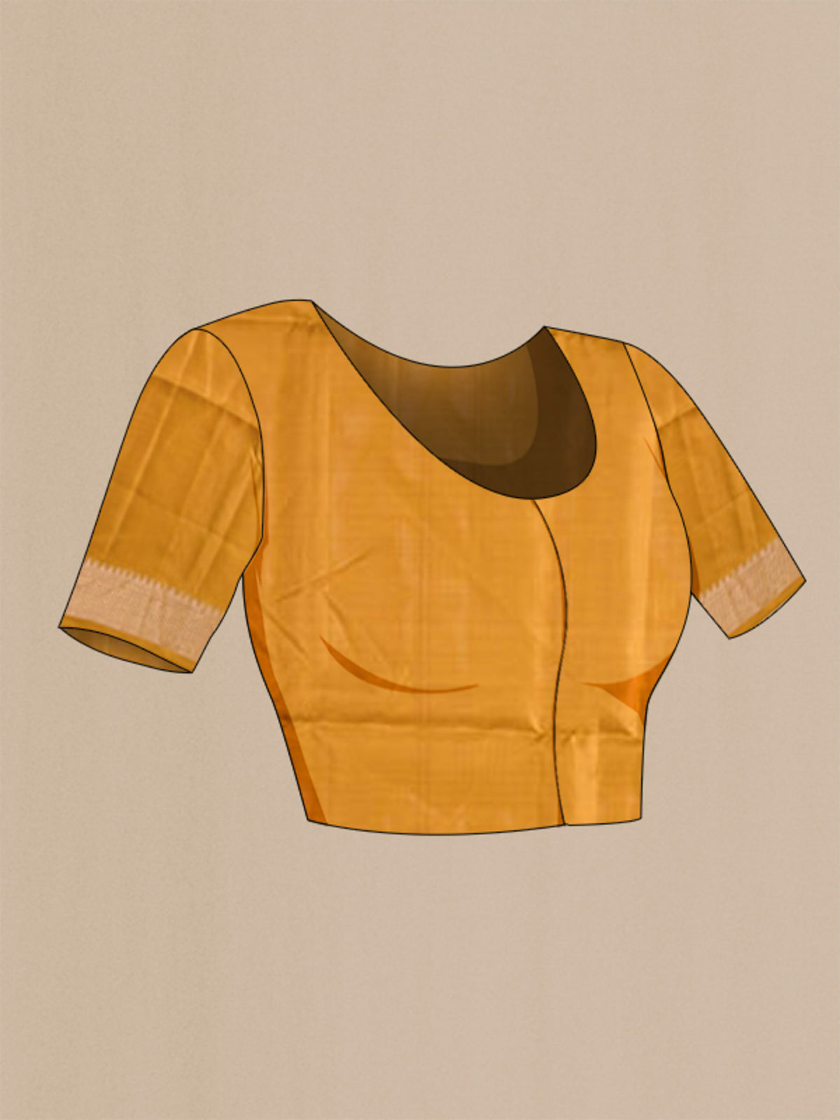 Close up image of the blouse of Mustard Soft Silk Saree with Zari Butta on the body and Zari Border