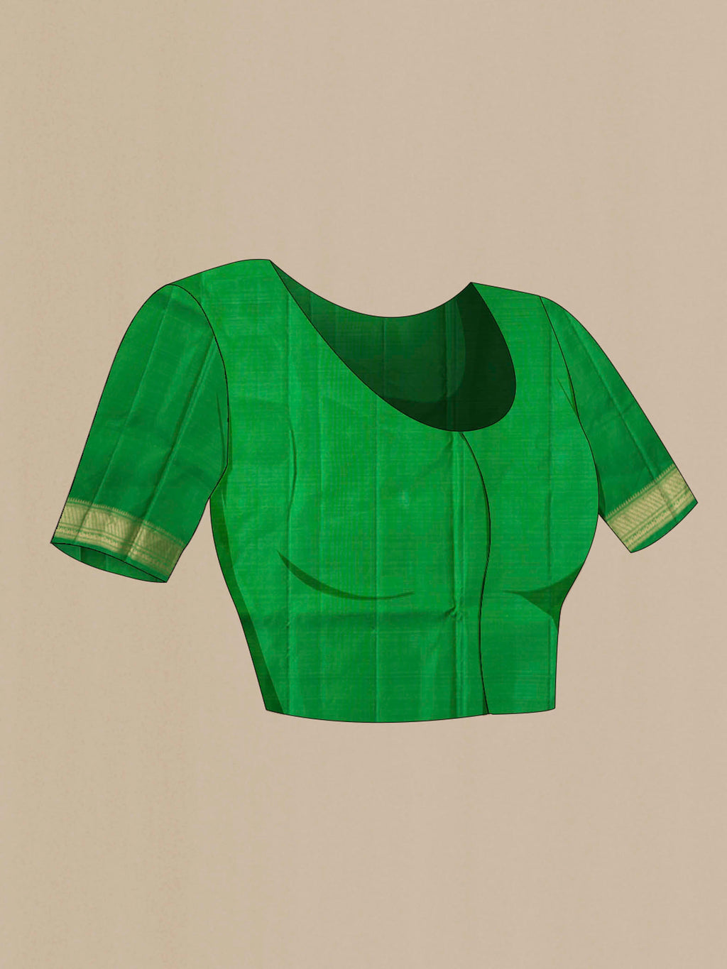 Close up image of the blouse of Green Soft Silk Saree with Zari Butta on the body and Zari Border