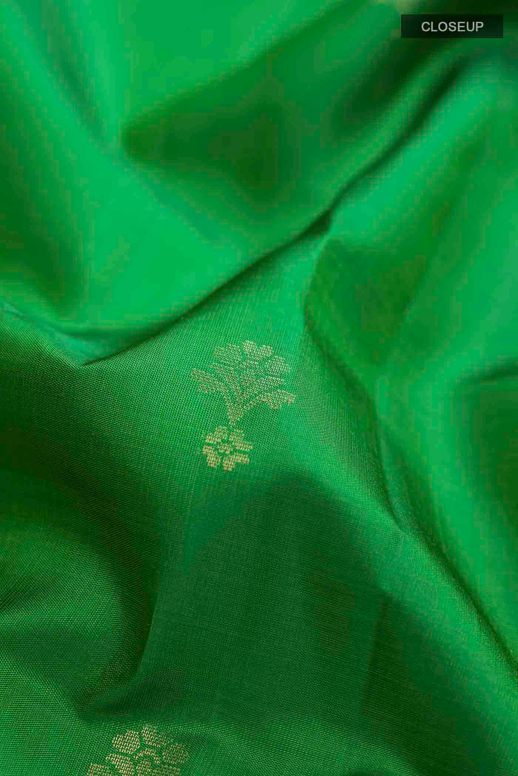 Close up of Green Soft Silk Saree with Zari Butta on the body and Zari Border displaying folds