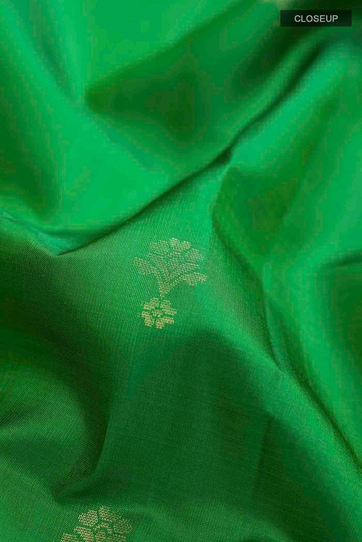 Close up of Green Soft Silk Saree with Zari Butta on the body and Zari Border displaying folds