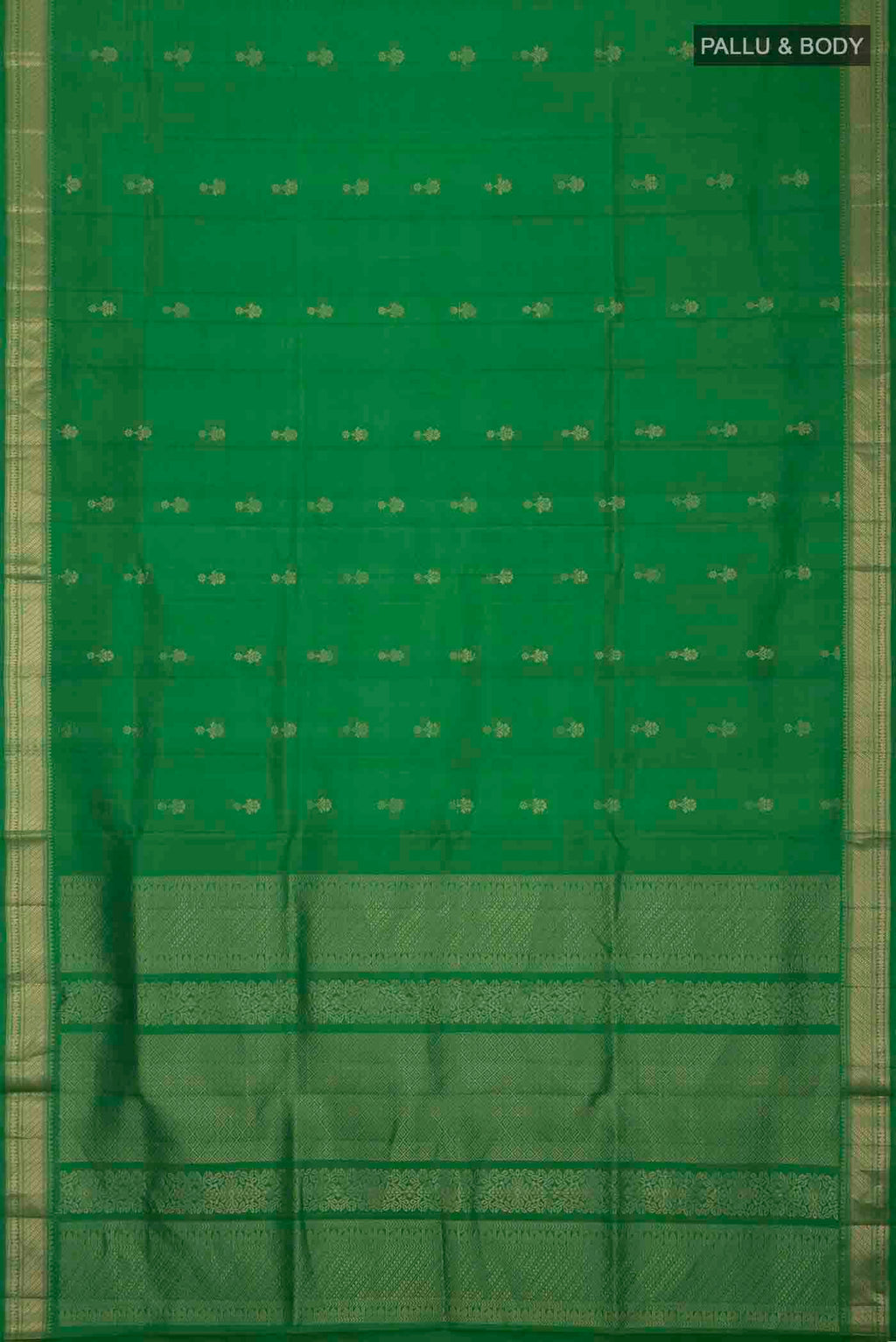 Flat view of Green Soft Silk Saree with Zari Butta on the body and Zari Border
