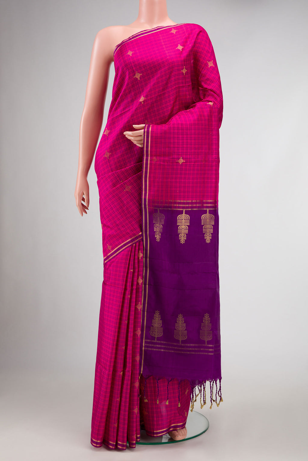 Pink Dual Tone Soft Silk Saree with Zari Butta on the body and Zari Border.  displayed on a mannequin