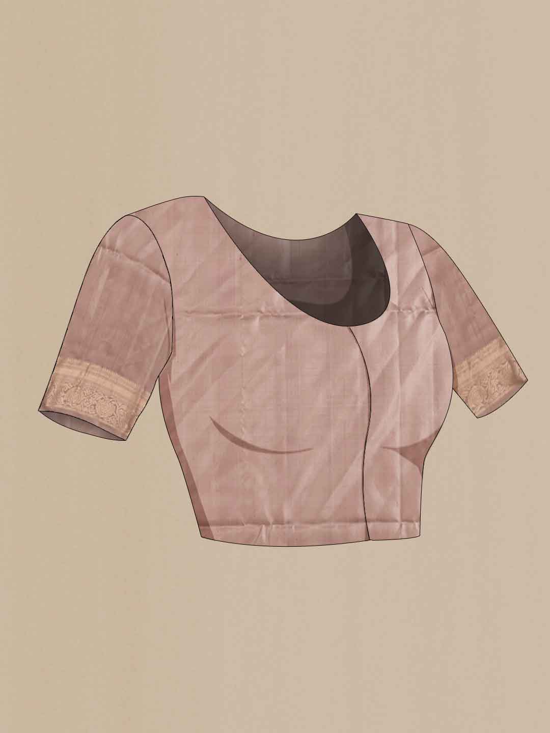 Close up image of the blouse of Grey Soft Silk Saree with Zari Butta on the body and Zari Border