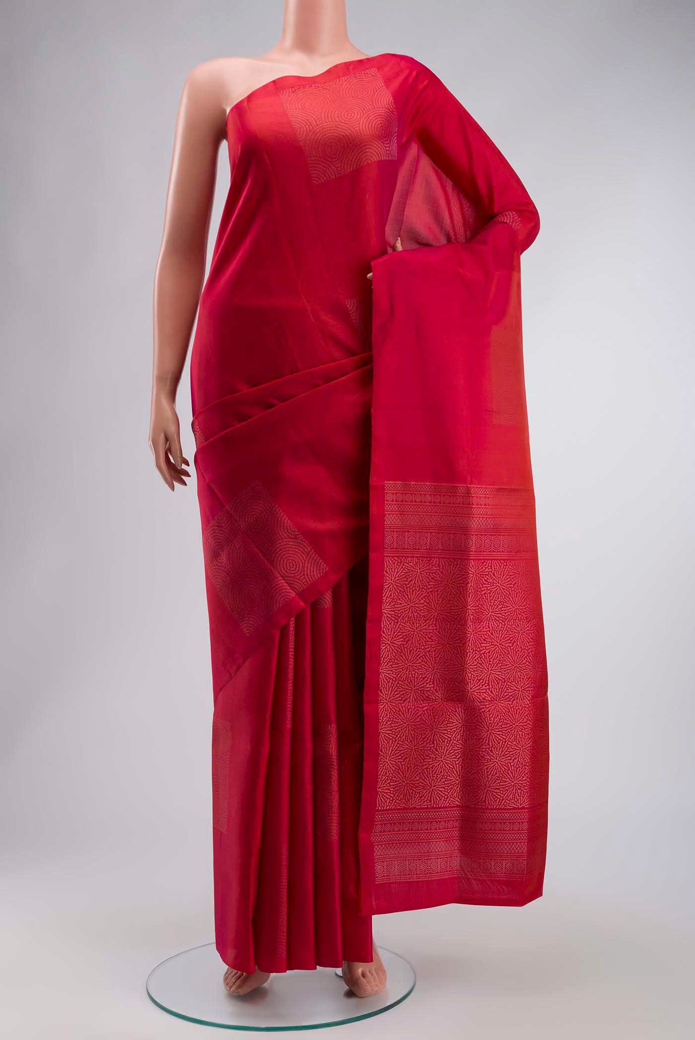 Pink Soft Silk Saree with Zari Butta on the body and Without Border displayed on a mannequin
