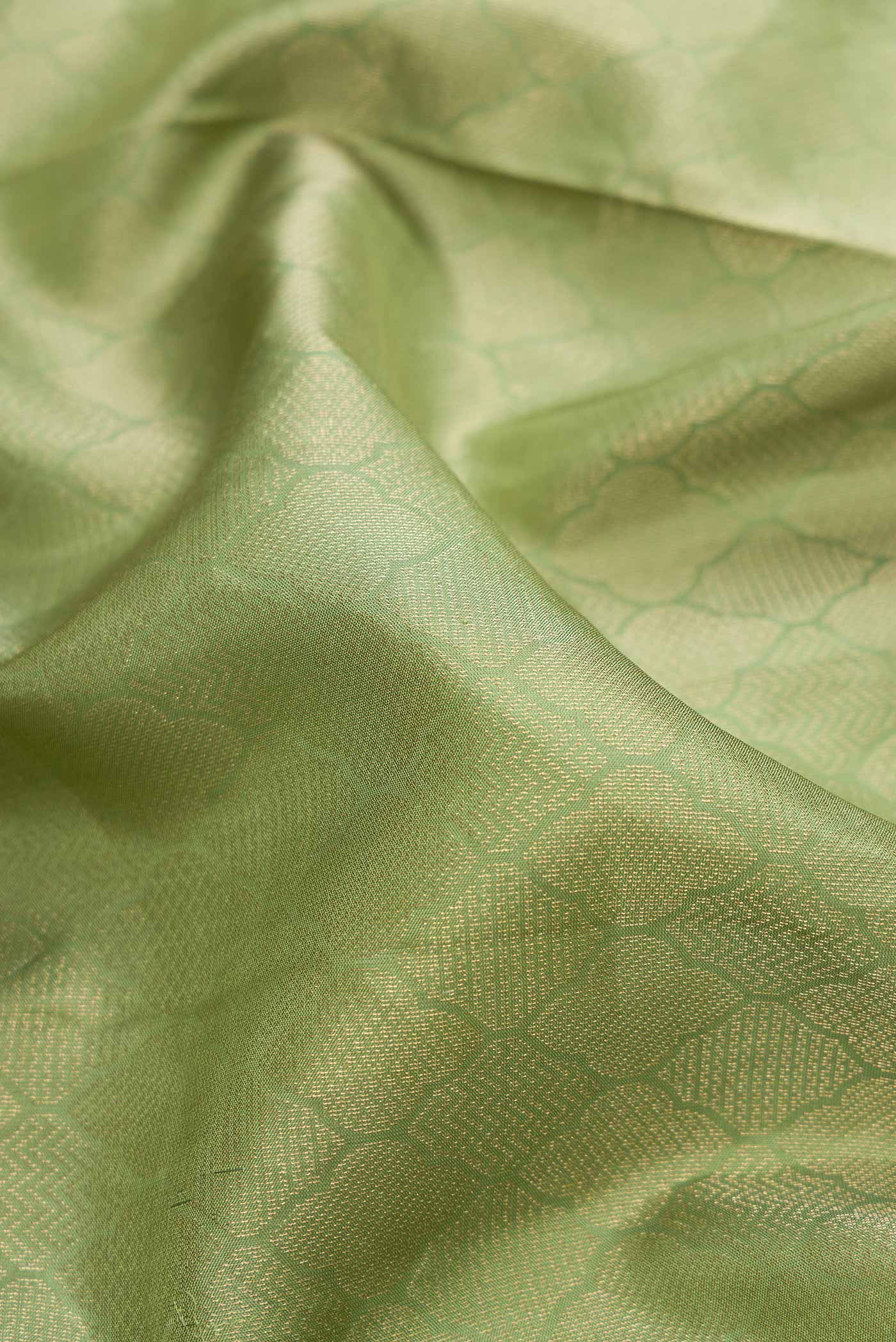 Close up of Pista Green Dual Tone Soft Silk Saree with Zari Brocade on the body and Zari Border.  displaying folds