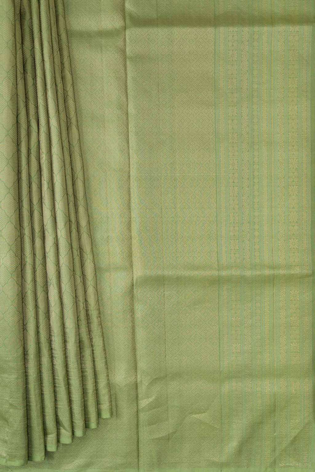 Pleats and pallu of Pista Green Dual Tone Soft Silk Saree with Zari Brocade on the body and Zari Border. 