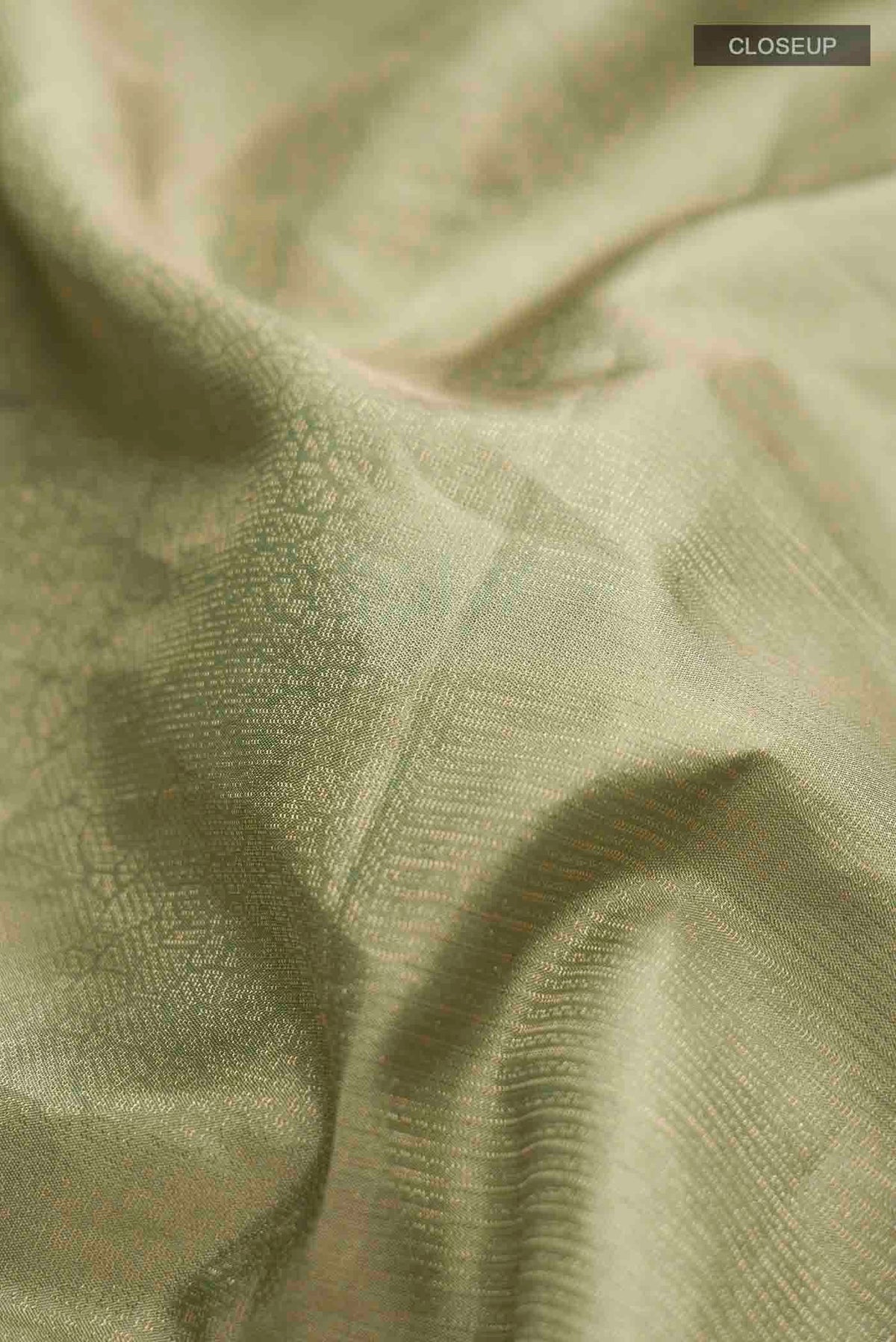 Close up of Green Soft Silk Saree with Zari Butta on the body and Zari Border displaying folds