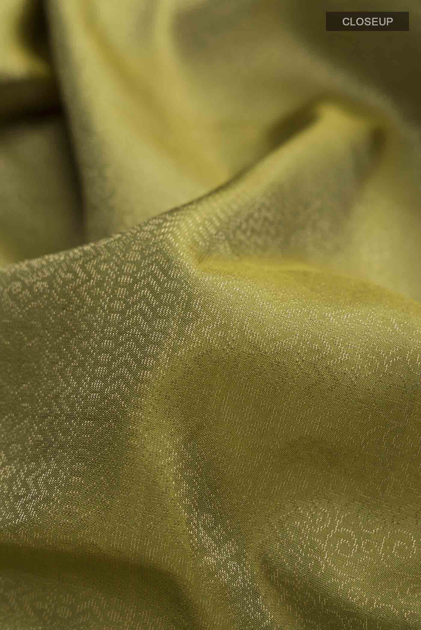 Close up of Green Soft Silk Saree with Zari Brocade on the body and Zari Border displaying folds