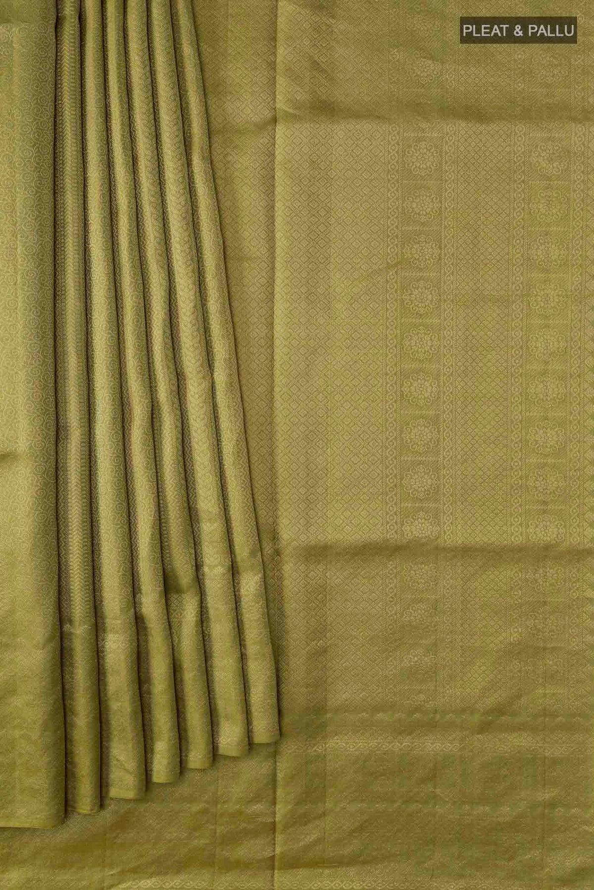 Pleats and pallu of Green Soft Silk Saree with Zari Brocade on the body and Zari Border