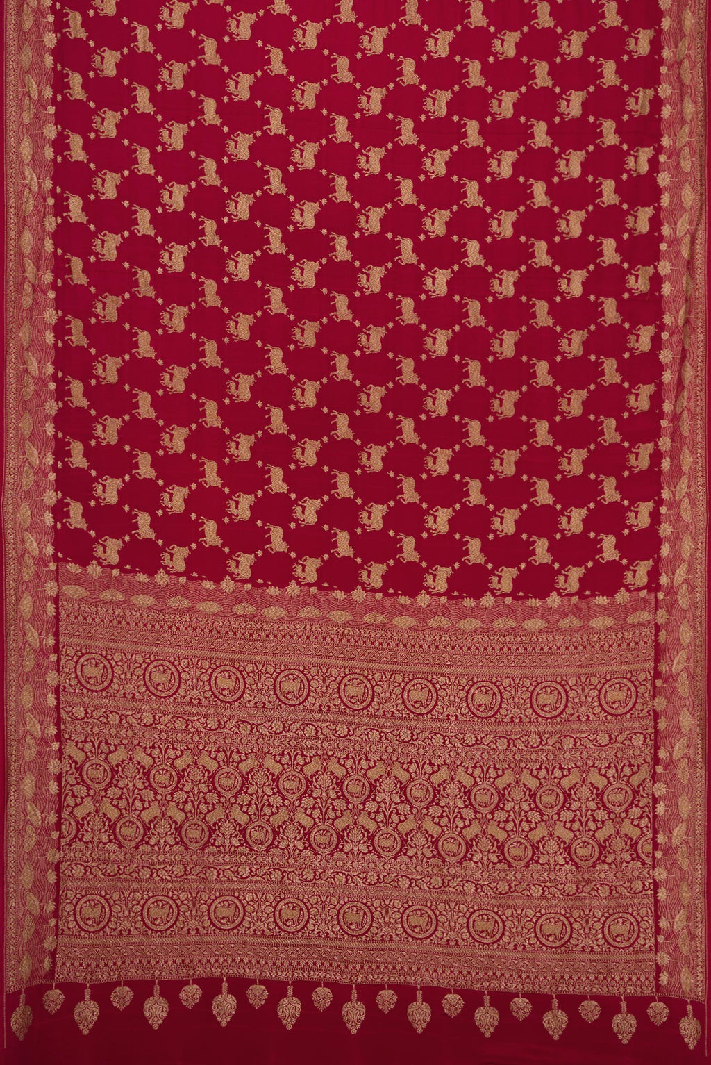 Flat view of Maroon Dual Tone Banarasi Georgette Saree with Zari Brocade on the body and Fancy Border. 