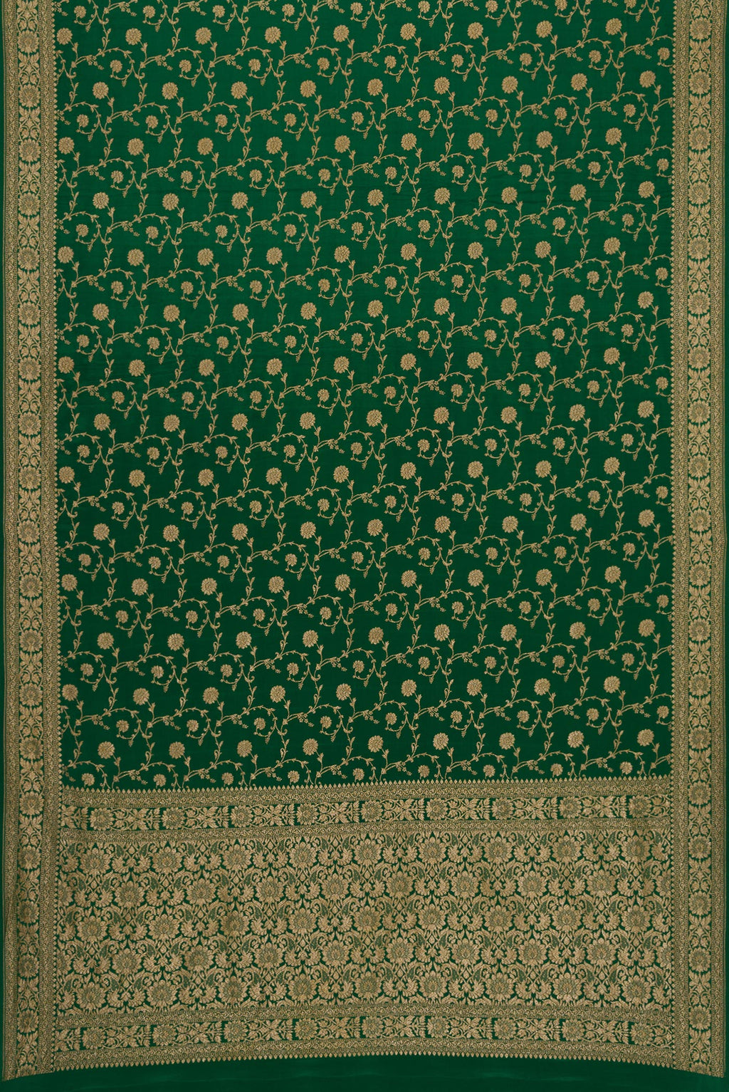 Flat view of Bottle Green Dual Tone Mysore Georgette Saree with Zari Brocade on the body and Zari Border. 