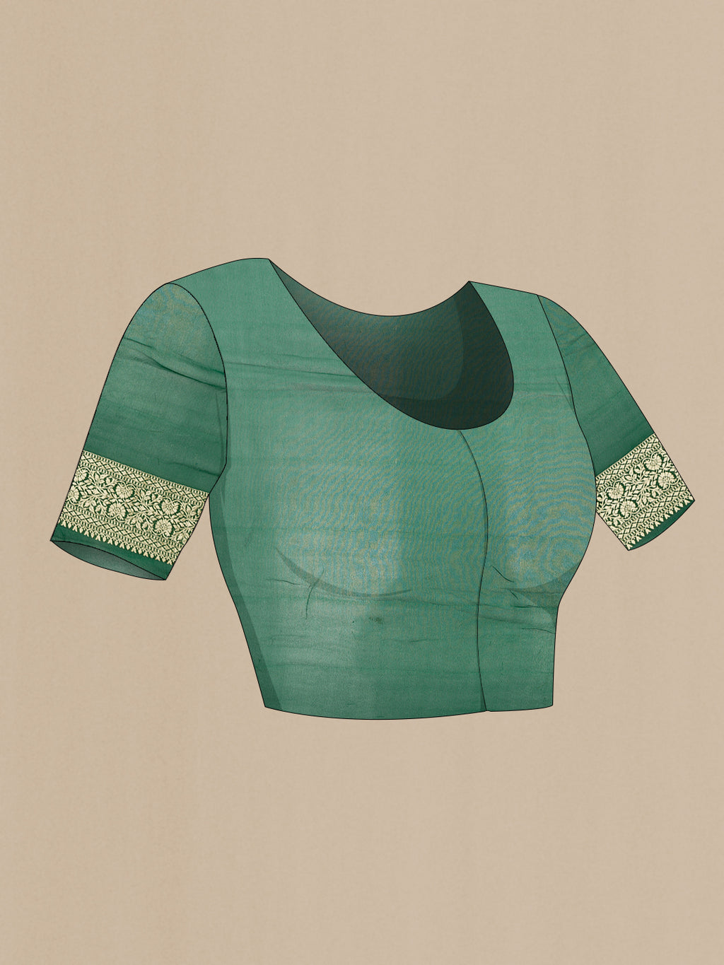Close up image of the blouse of Bottle Green Dual Tone Banarasi Georgette Saree with Zari Brocade on the body and Zari Border. 
