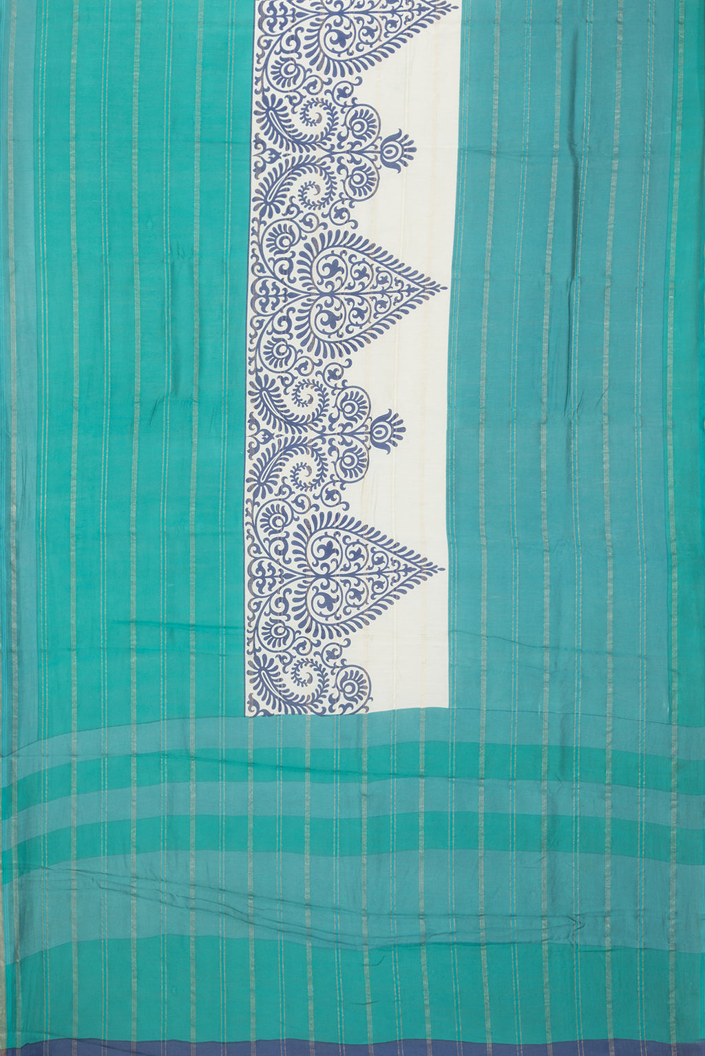 Flat view of Green Chanderi Silk Cotton Saree with Stripes on the body and Zari Border. 