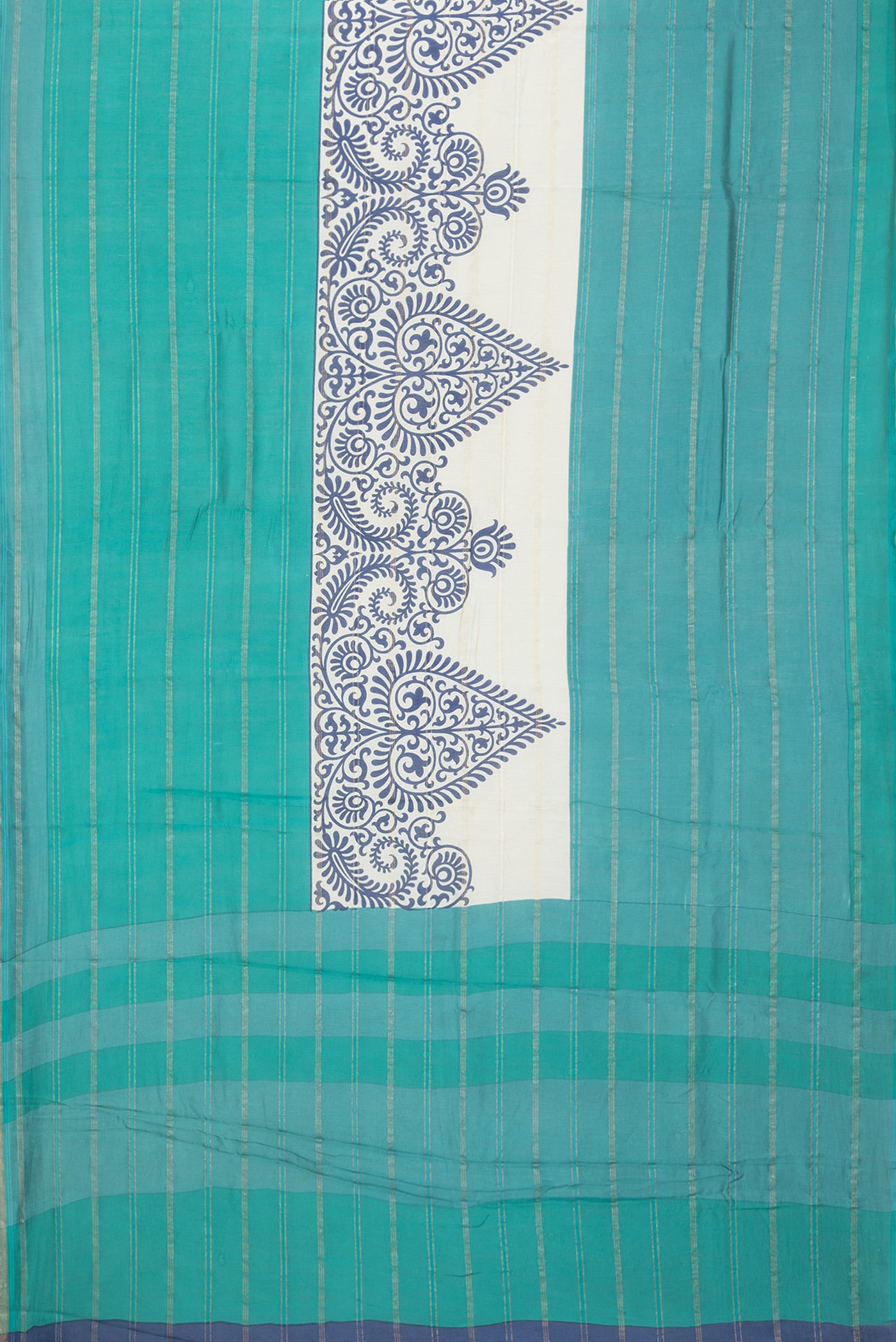 Flat view of Green Chanderi Silk Cotton Saree with Stripes on the body and Zari Border. 