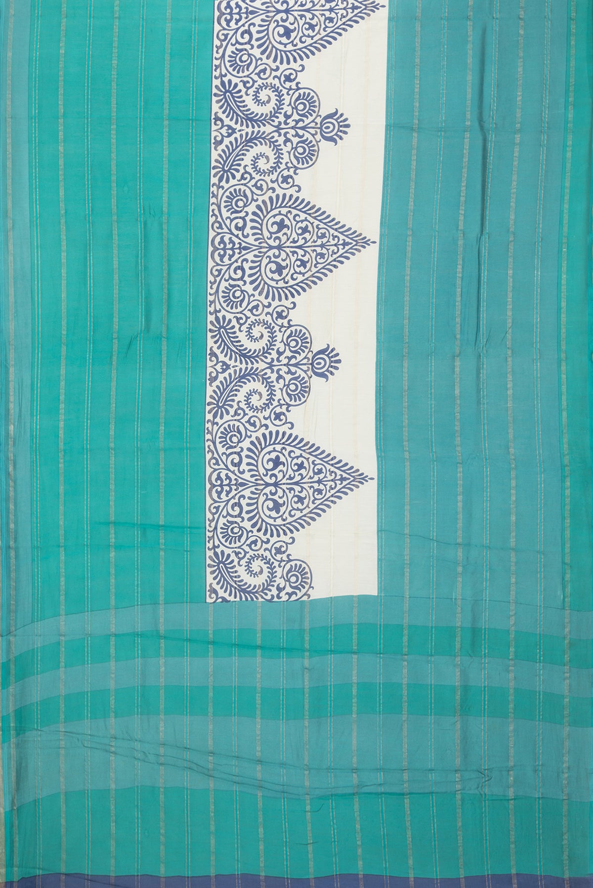 Flat view of Green Chanderi Silk Cotton Saree with Stripes on the body and Zari Border. 